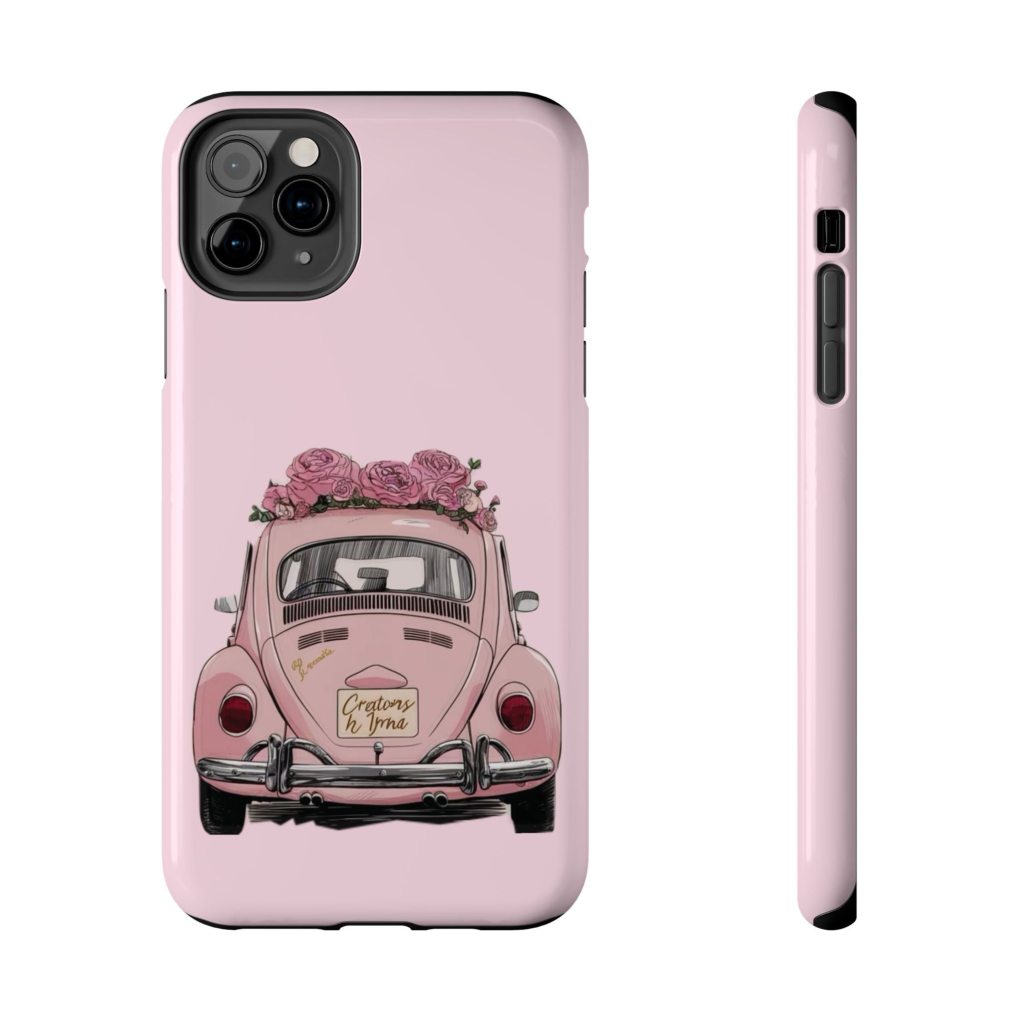 Vintage Pink Beetle with Roses Phone Case | Floral Car Tough Phone Case