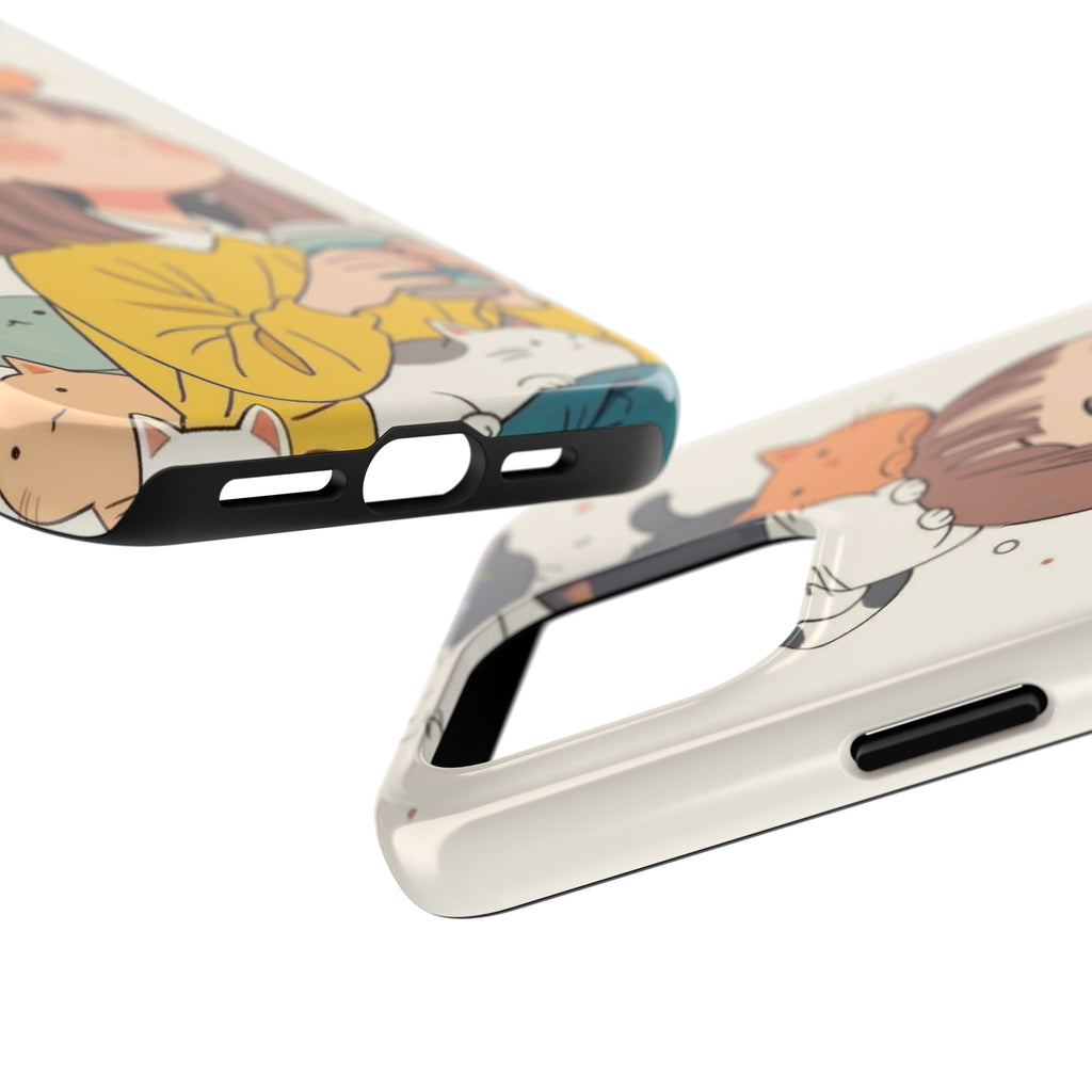 Girl with Cats Phone Case | Cute Cat Stack Illustration