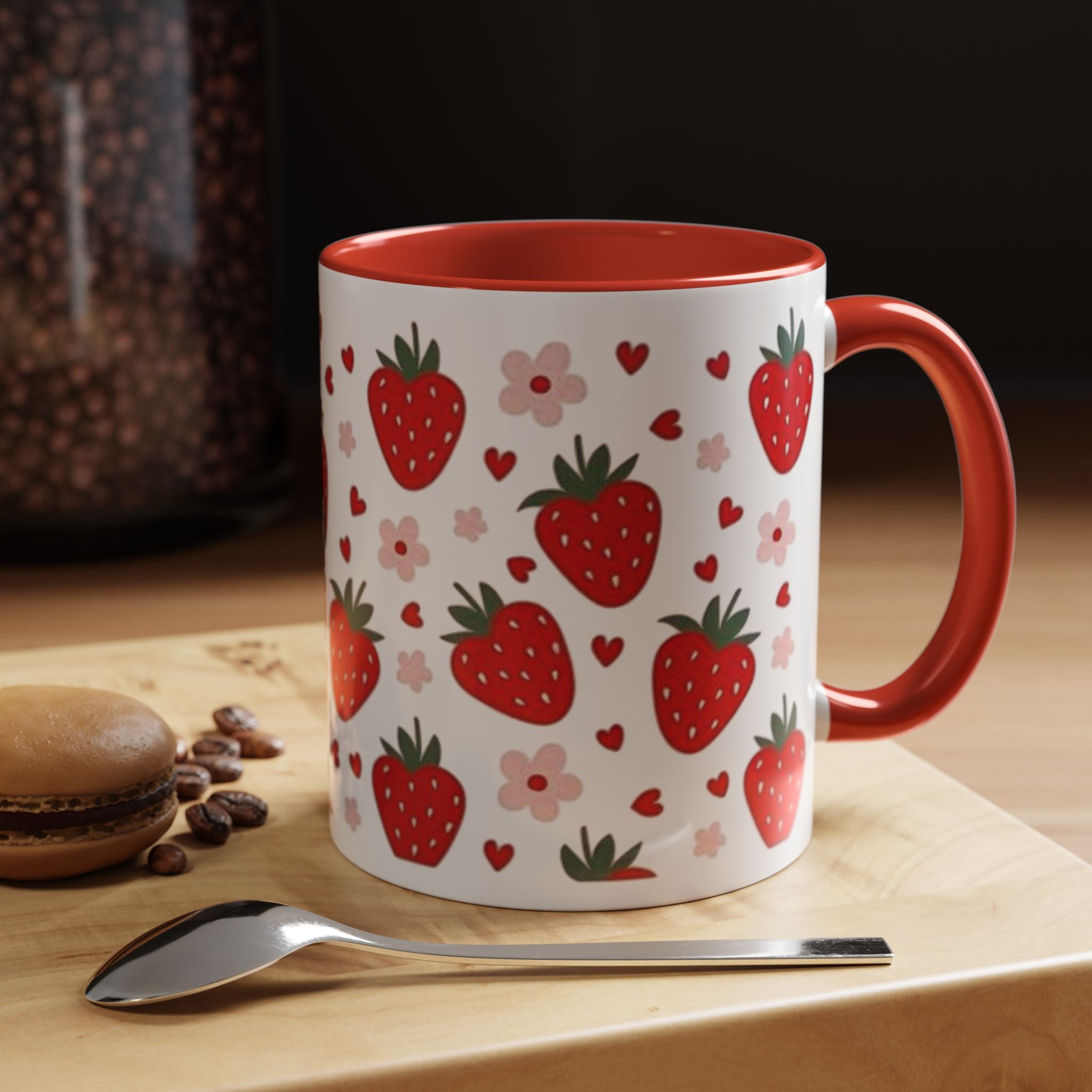 Strawberry Pattern Accent Coffee Mug — Cute Red Berries & Hearts 11/15oz