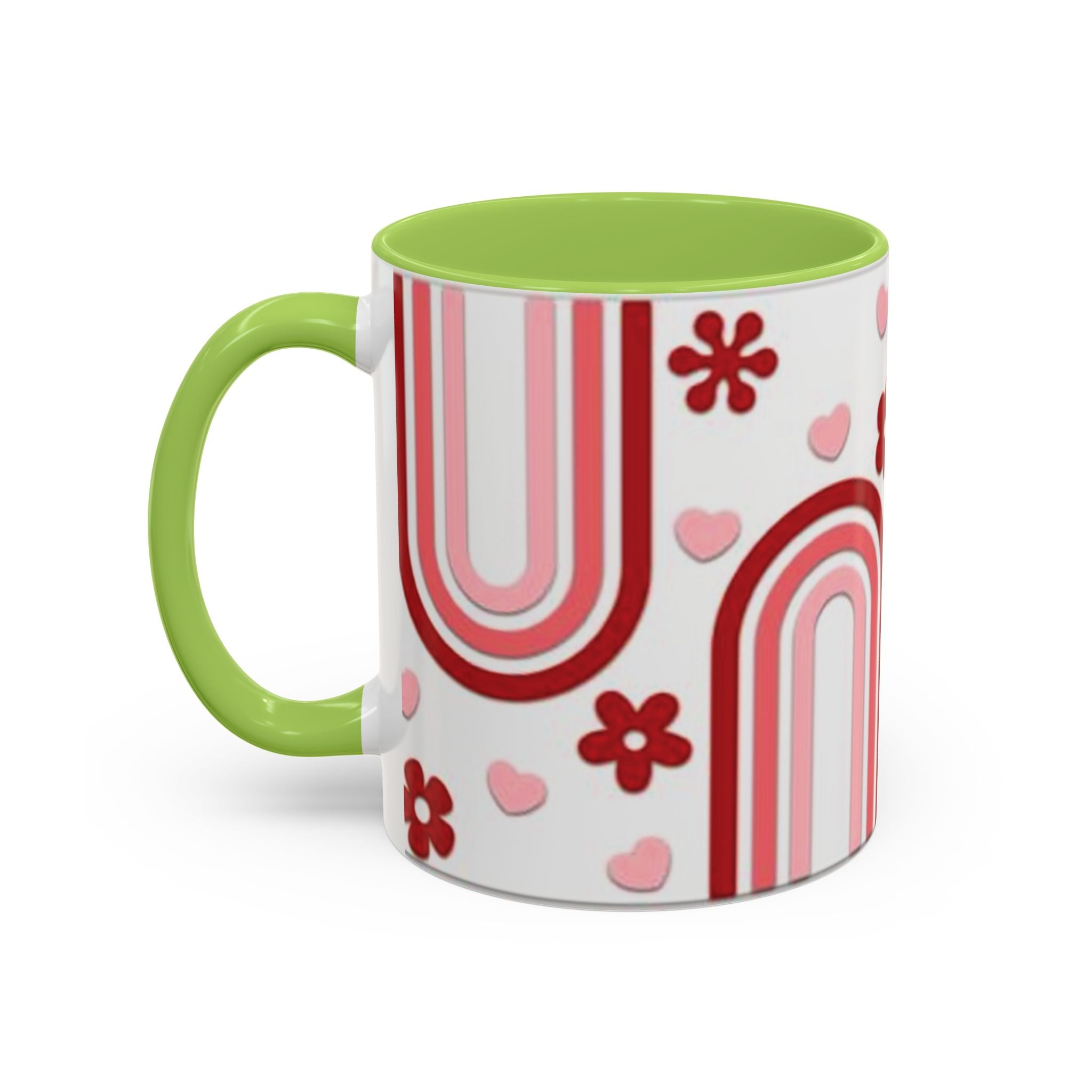 Retro Pink Rainbow Hearts and Flowers Accent Mug | 11oz or 15oz