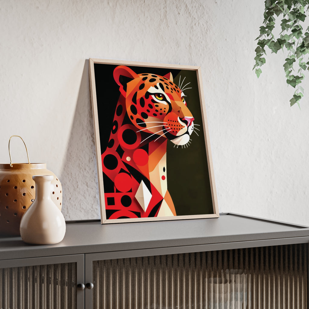 Geometric Leopard Art Poster with Wooden Frame — Bold Wildlife Wall Decor