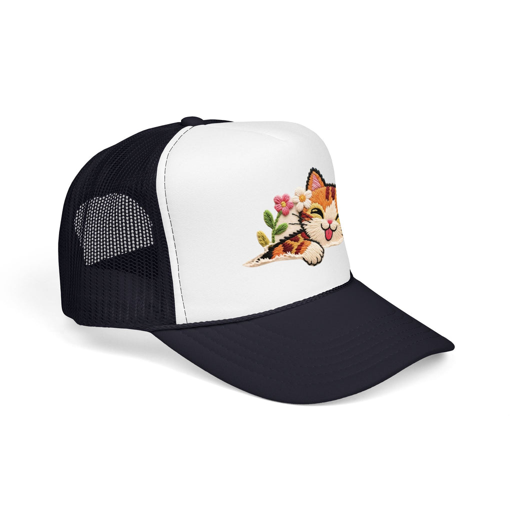 Trucker Hat — Cute Sleeping Calico Cat with Flowers Foam Mesh Cap