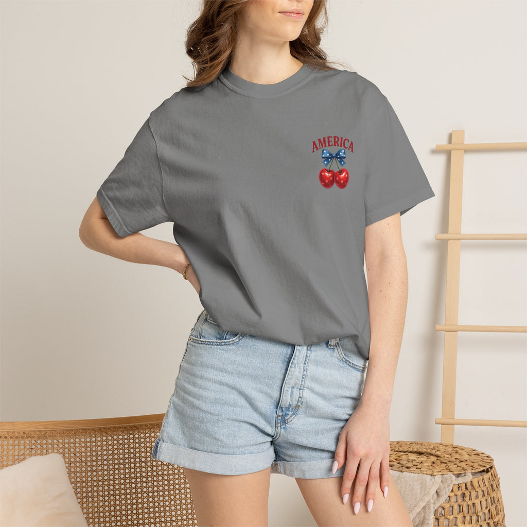 America Cherry Bow T-shirt | Patriotic Stars & Stripes Cherry Design