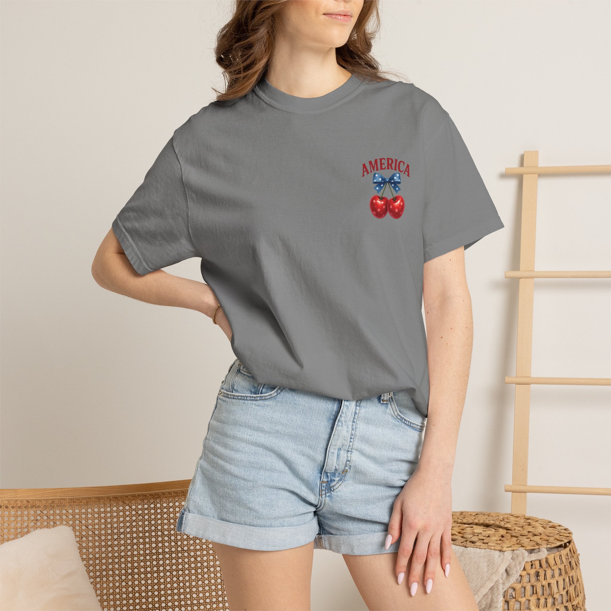 America Cherry Bow T-shirt | Patriotic Stars & Stripes Cherry Design