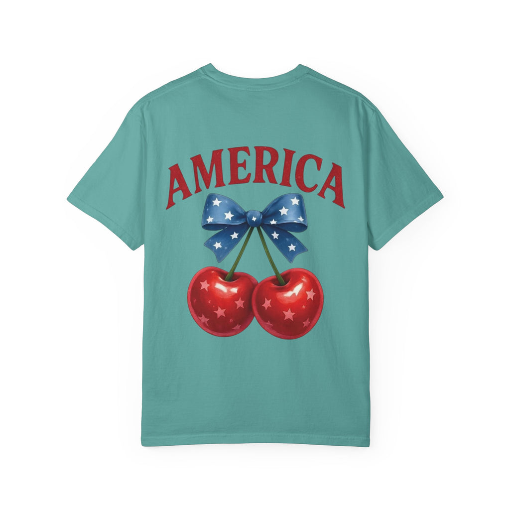 America Cherry Bow T-shirt | Patriotic Stars & Stripes Cherry Design