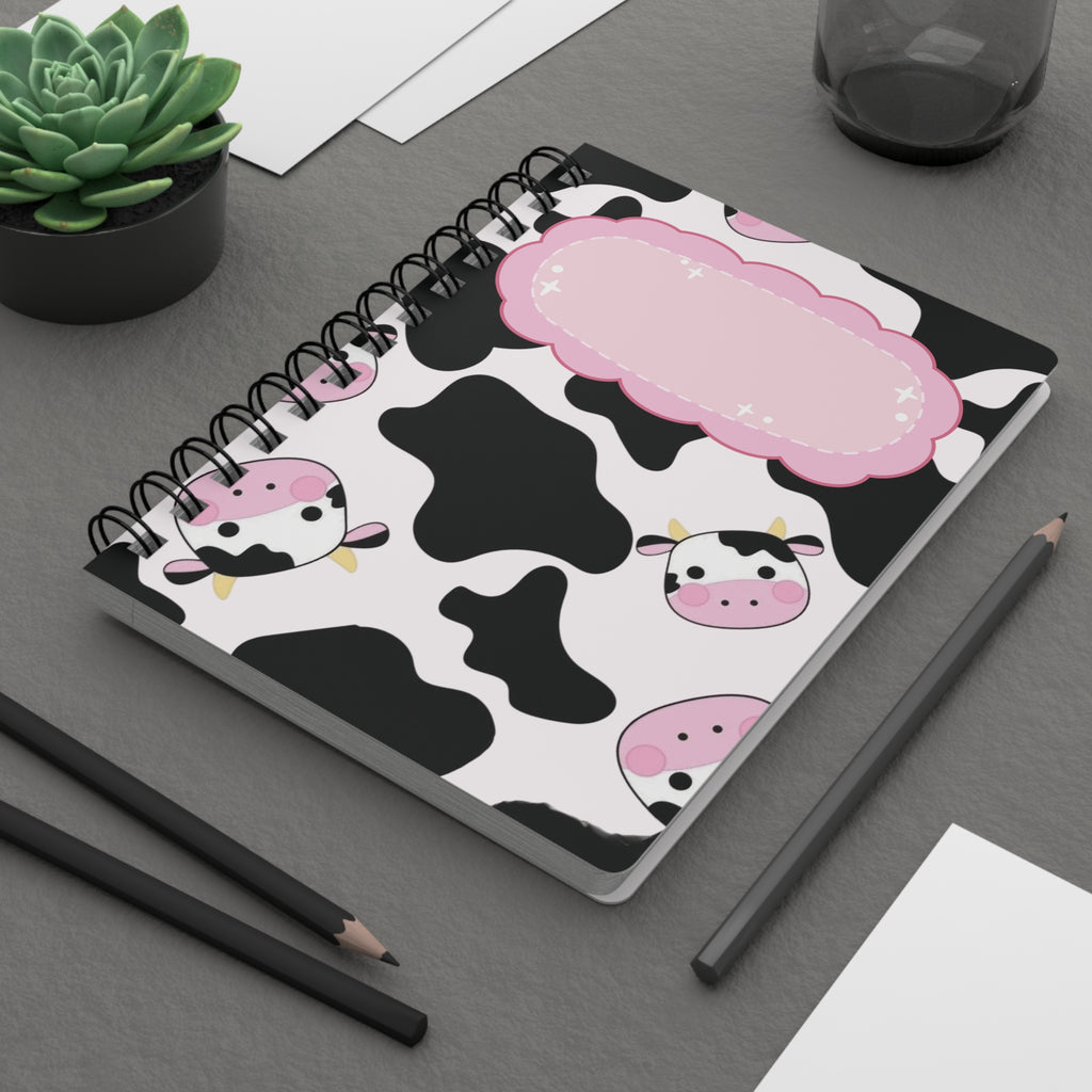Pink Cow Pattern Spiral Notebook | Cute Cow Faces, Black Cowhide Spots