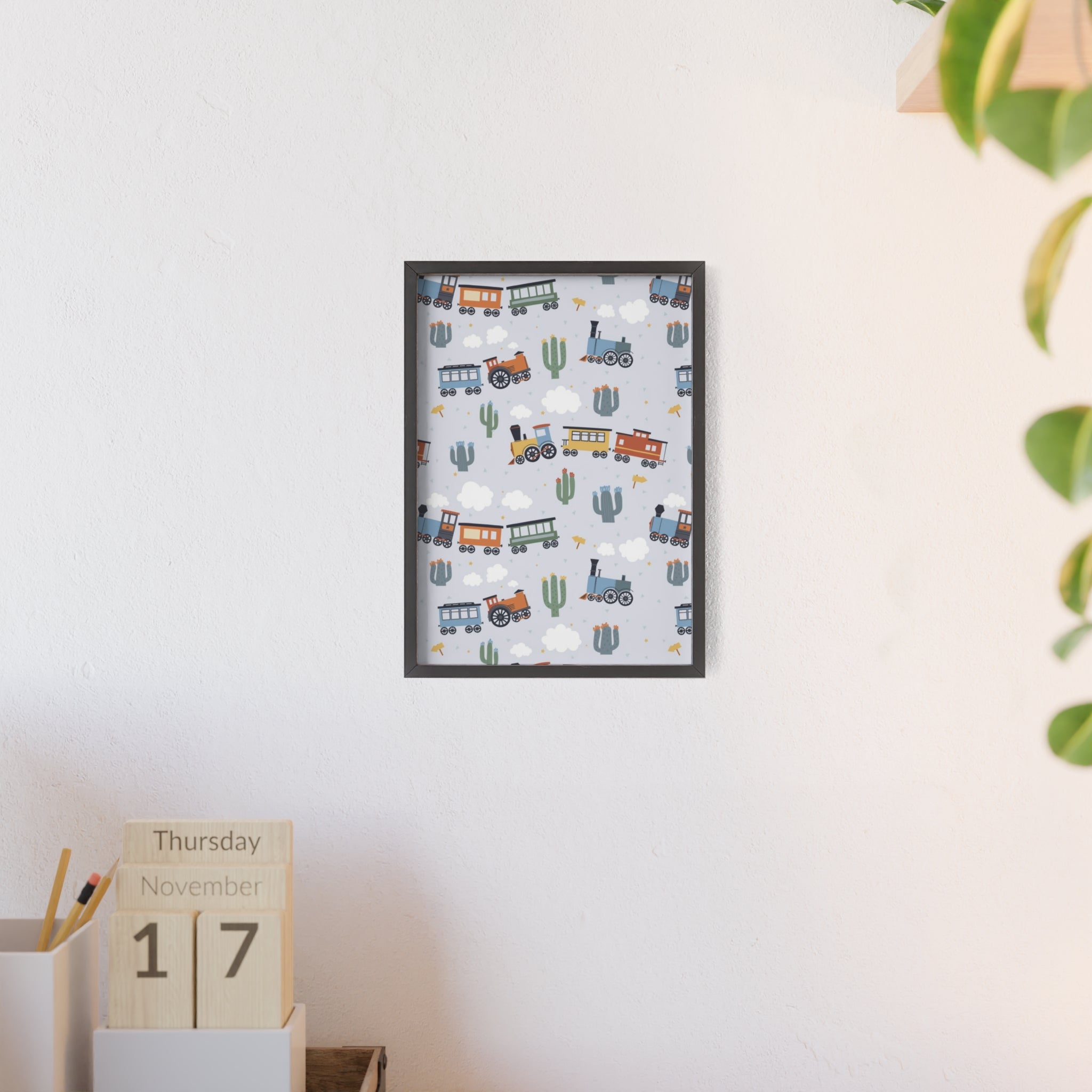 Kids' Train Poster with Wooden Frame — Nursery Wall Art, Playroom Decor