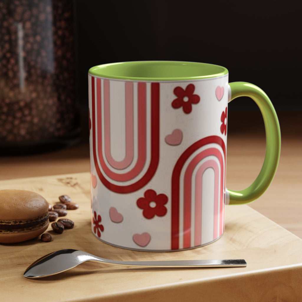 Retro Pink Rainbow Hearts and Flowers Accent Mug | 11oz or 15oz