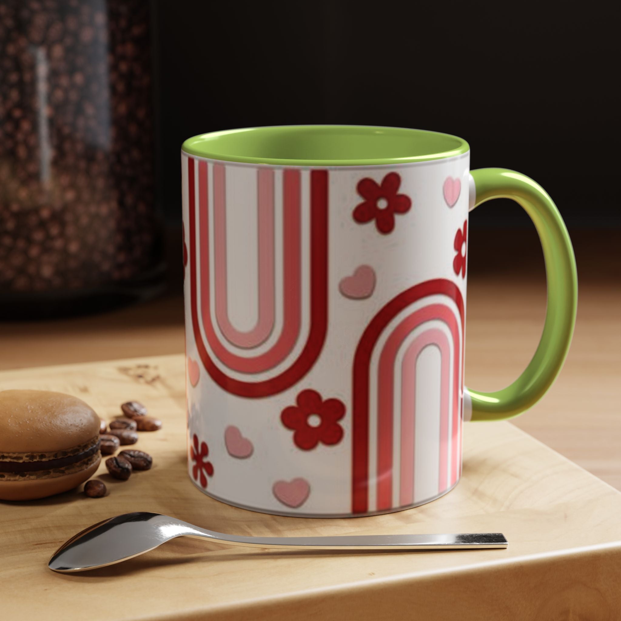 Retro Pink Rainbow Hearts and Flowers Accent Mug | 11oz or 15oz