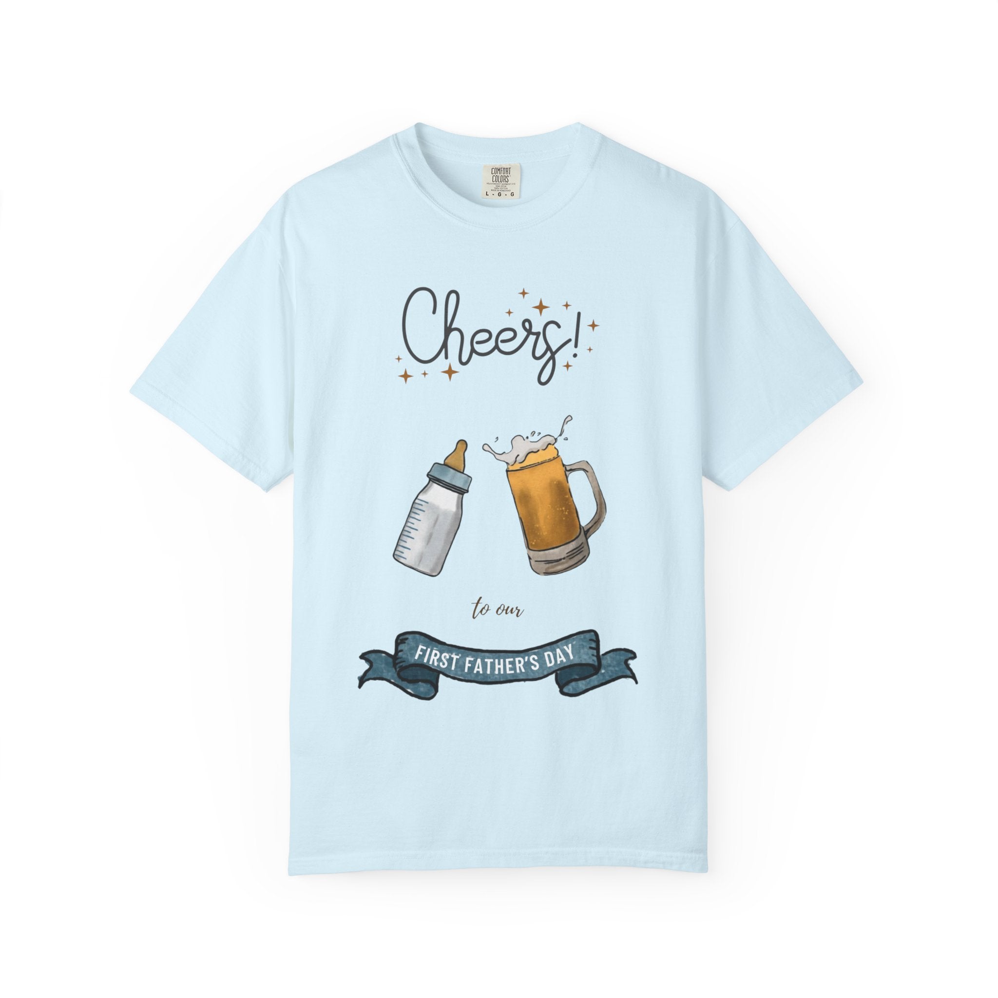 Cheers! Baby Bottle and Beer Mug First Father's Day T-Shirt | New Dad Tee
