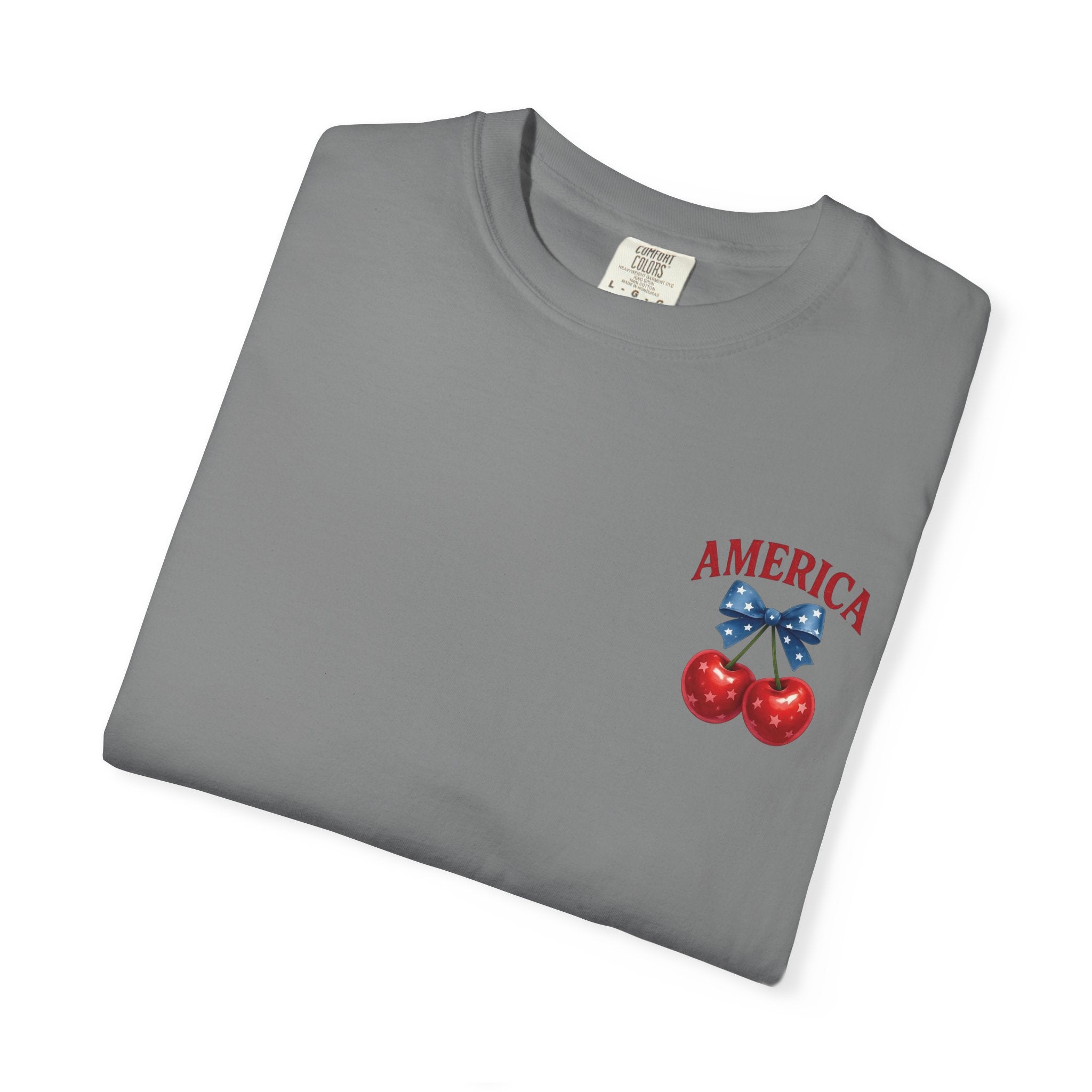 America Cherry Bow T-shirt | Patriotic Stars & Stripes Cherry Design