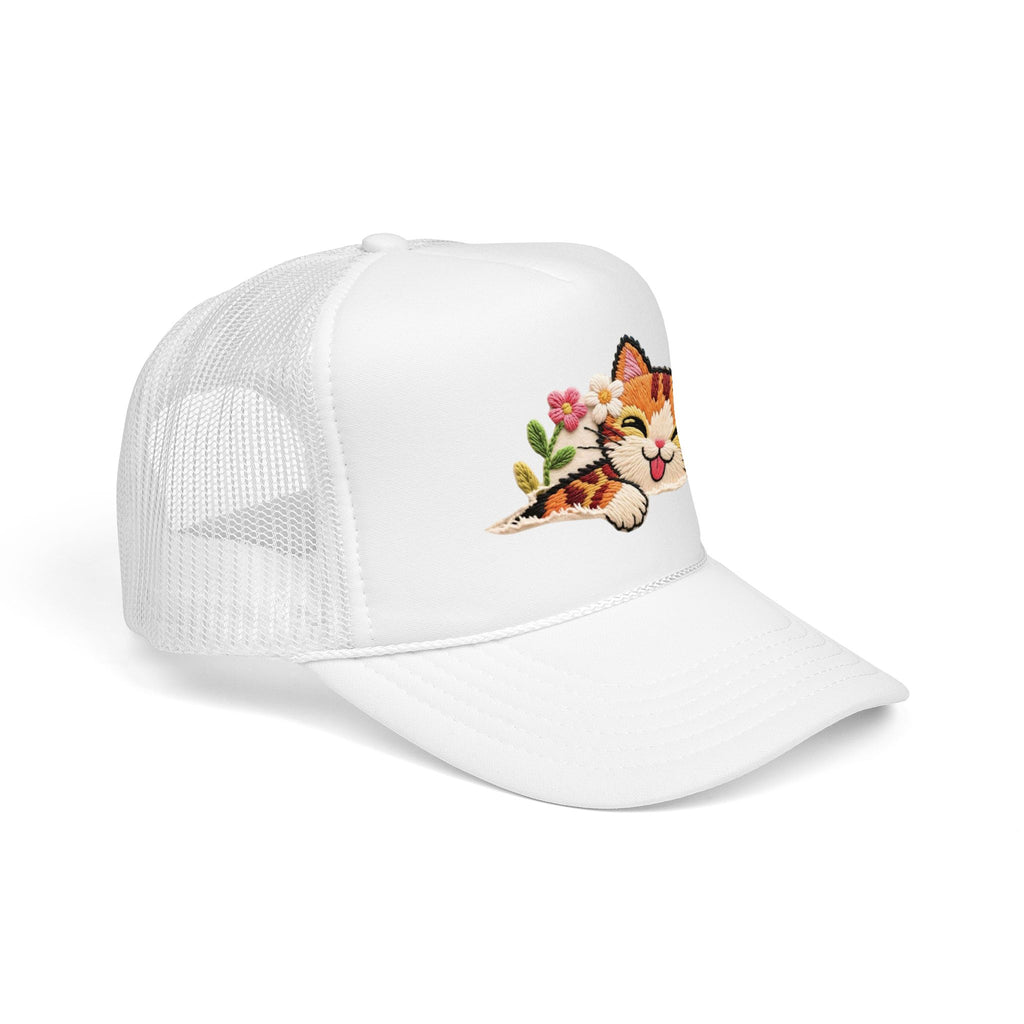 Trucker Hat — Cute Sleeping Calico Cat with Flowers Foam Mesh Cap