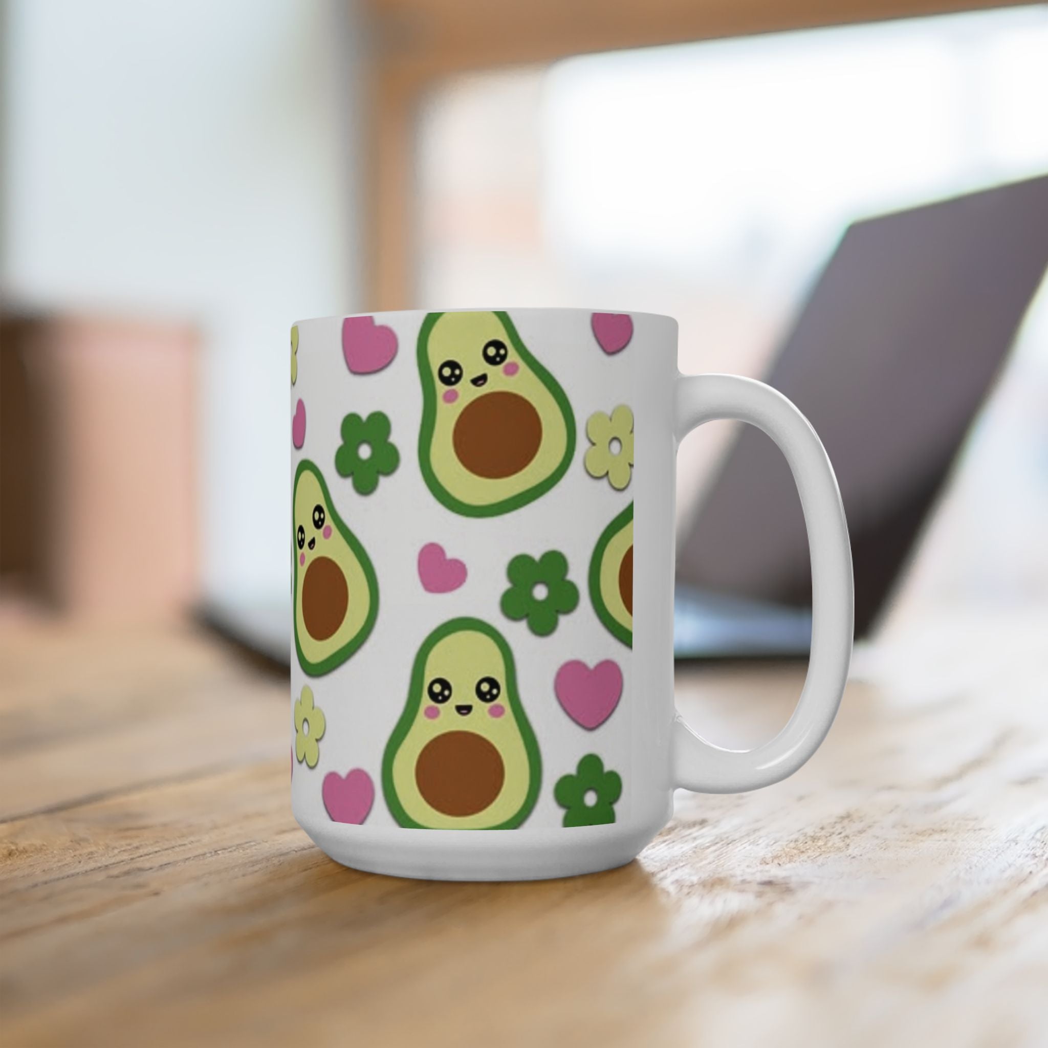 Avocado Pattern Ceramic Mug — Cute Kawaii Avocado Hearts & Flowers Coffee Cup (11oz/15oz)