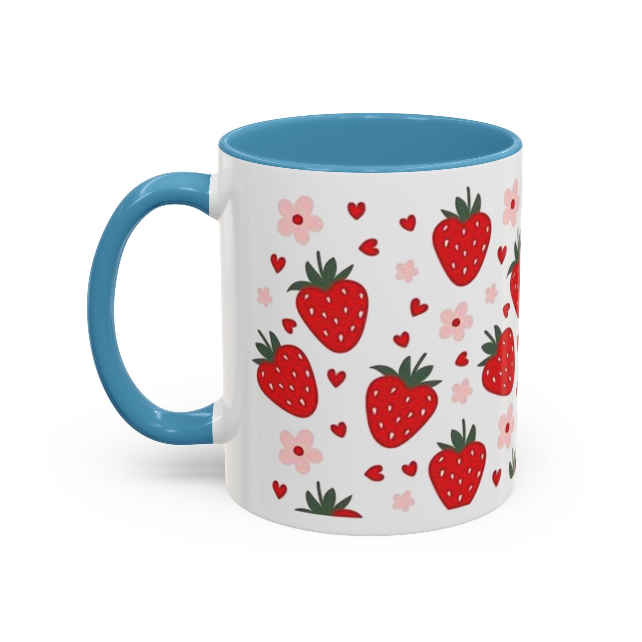 Strawberry Pattern Accent Coffee Mug — Cute Red Berries & Hearts 11/15oz