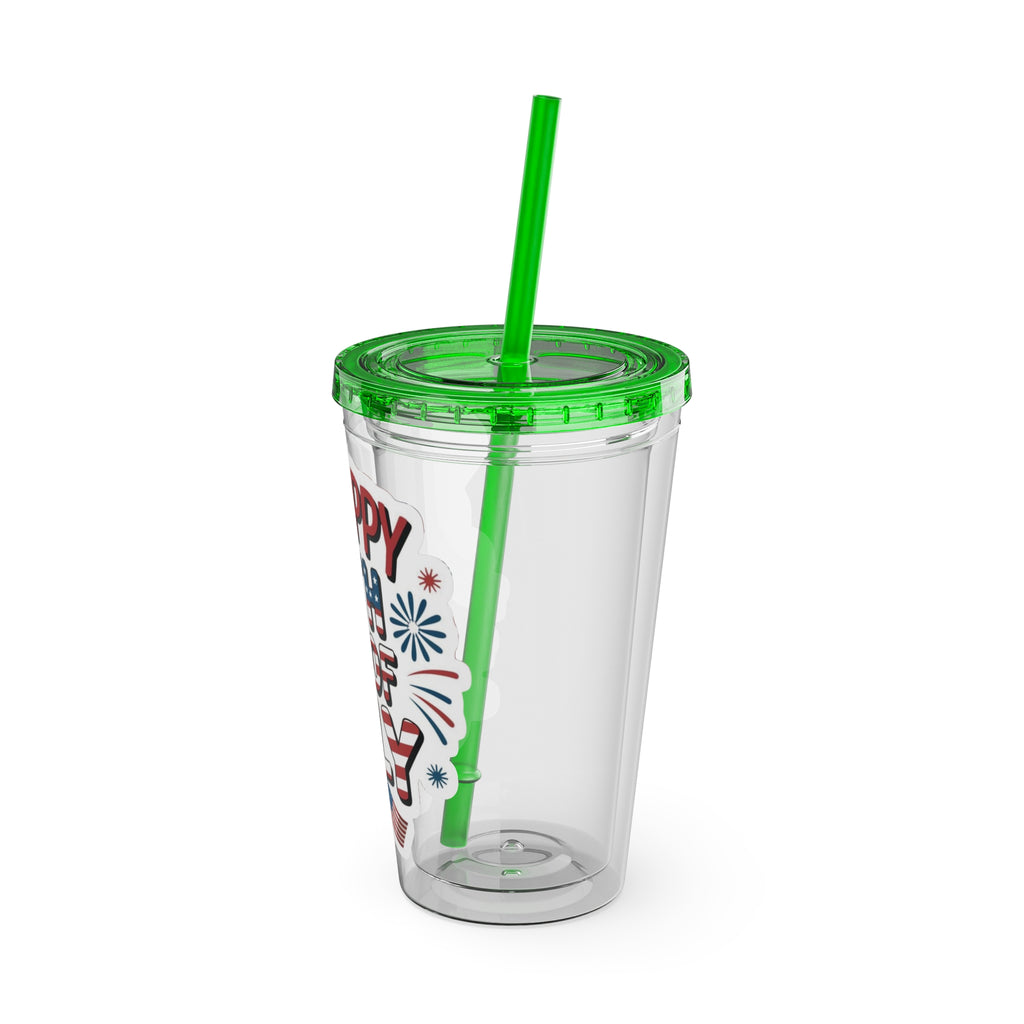 Happy 4th of July Tumbler | 16oz Straw Cup, Patriotic Fireworks Flag Design
