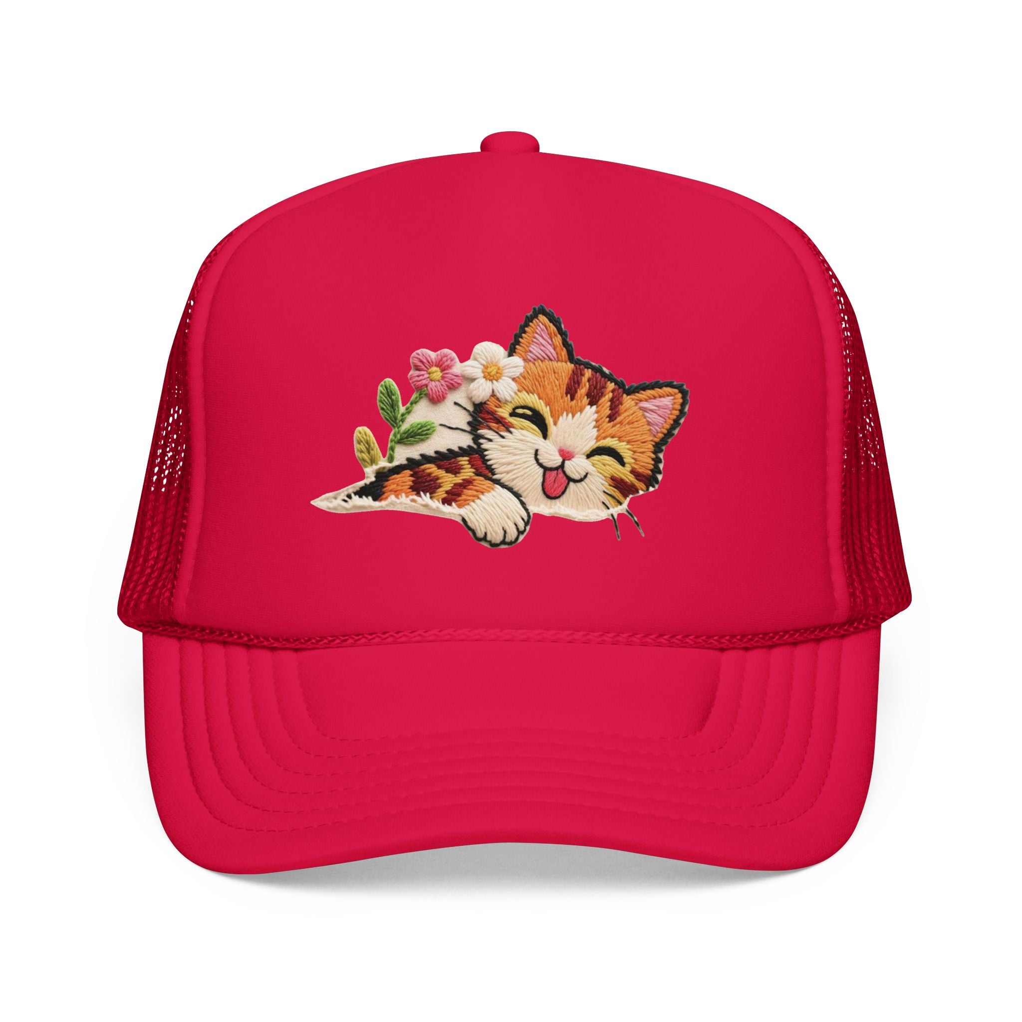Trucker Hat — Cute Sleeping Calico Cat with Flowers Foam Mesh Cap