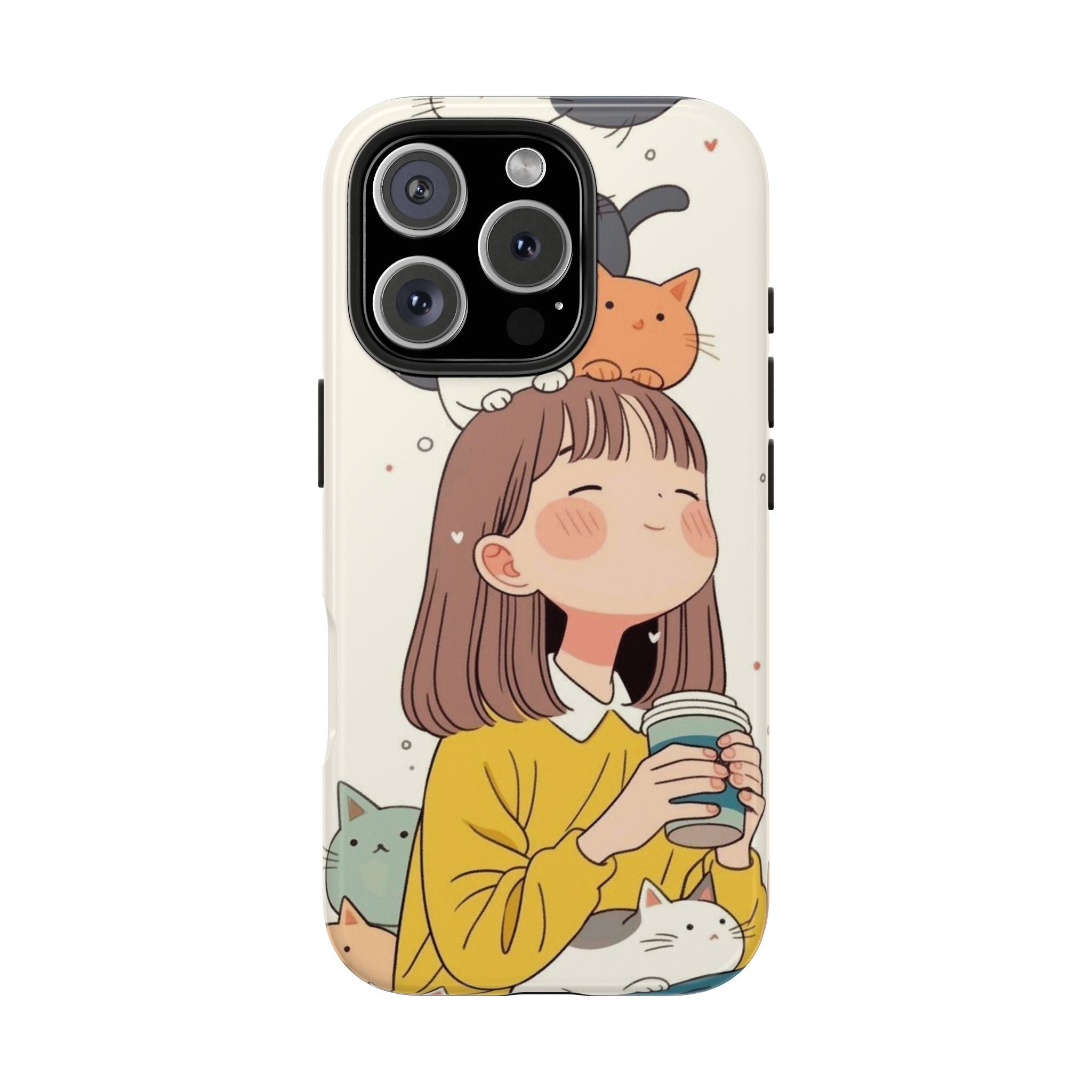 Girl with Cats Phone Case | Cute Cat Stack Illustration