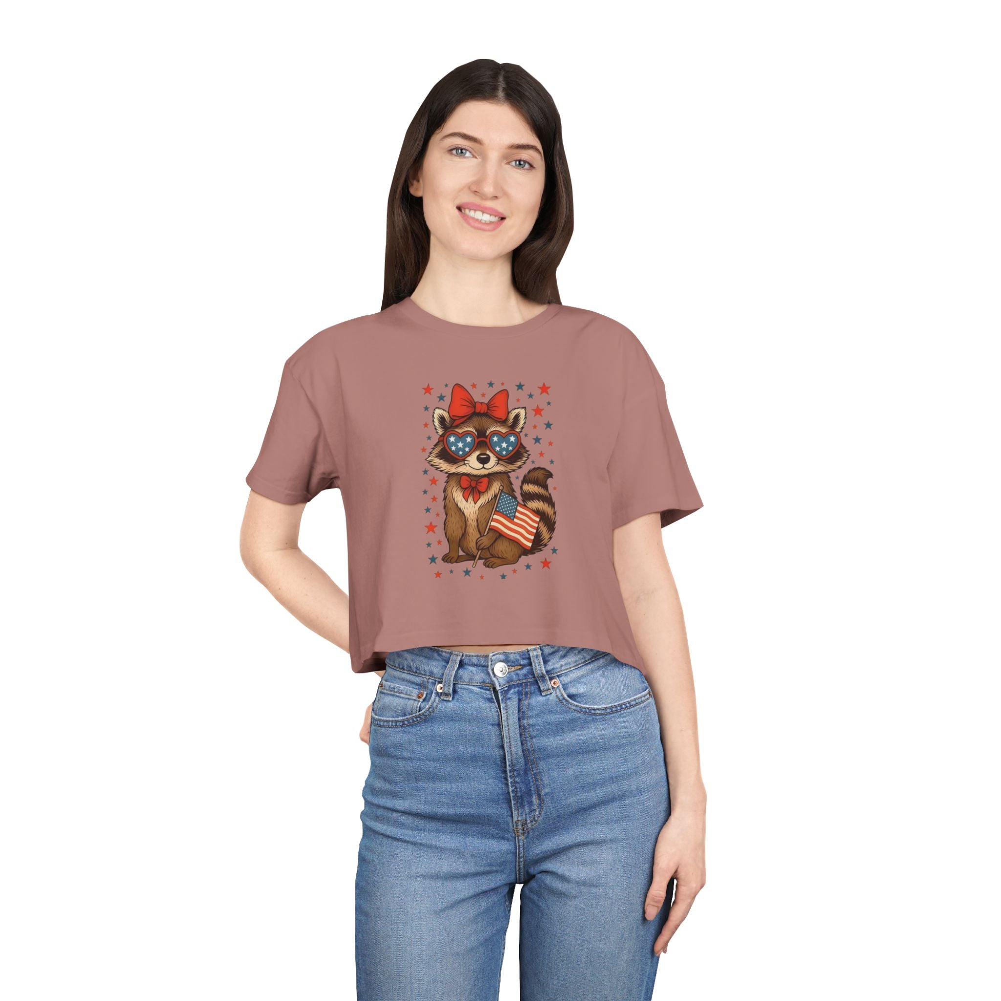 Patriotic Raccoon Heart Crop Tee | 4th of July Stars & Stripes