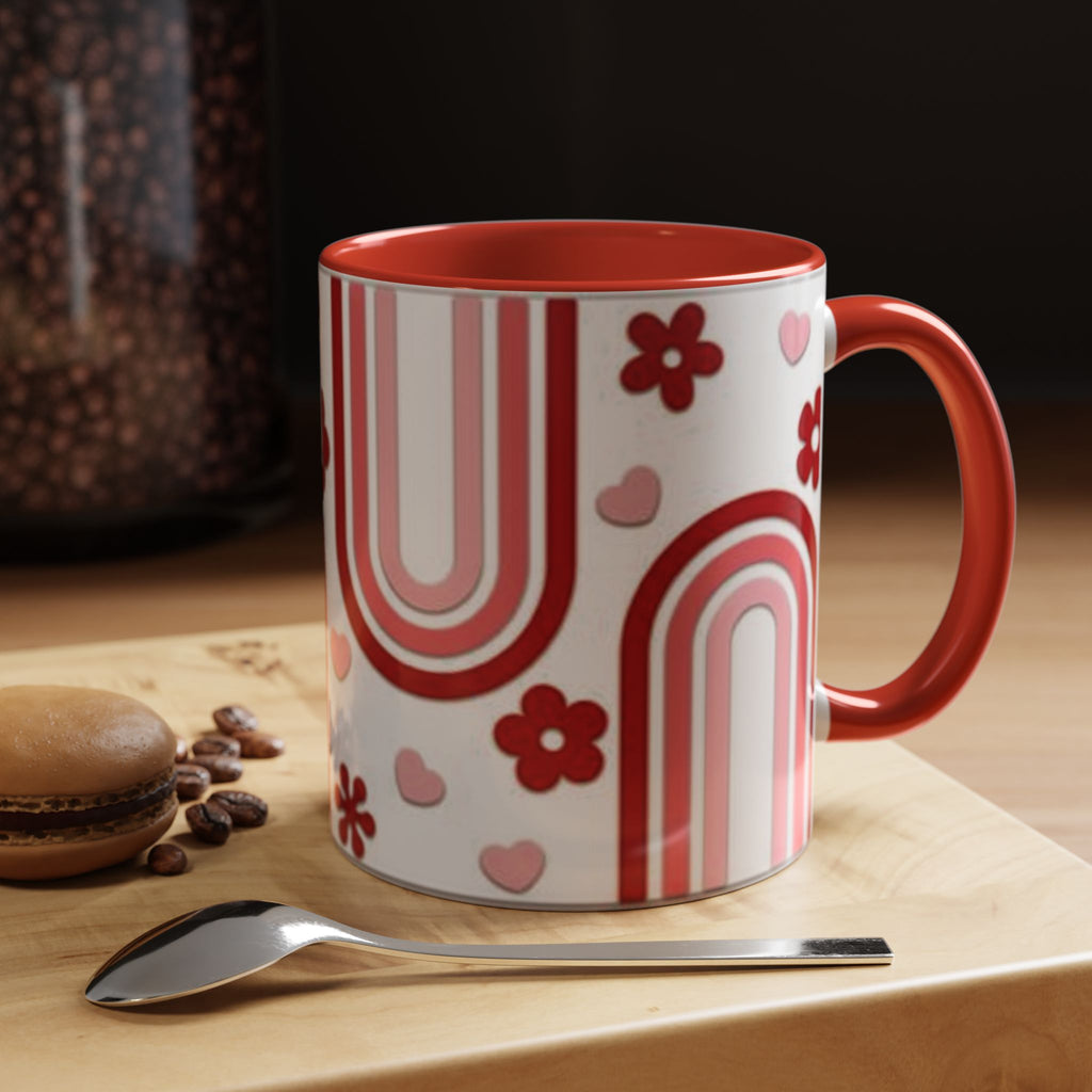 Retro Pink Rainbow Hearts and Flowers Accent Mug | 11oz or 15oz