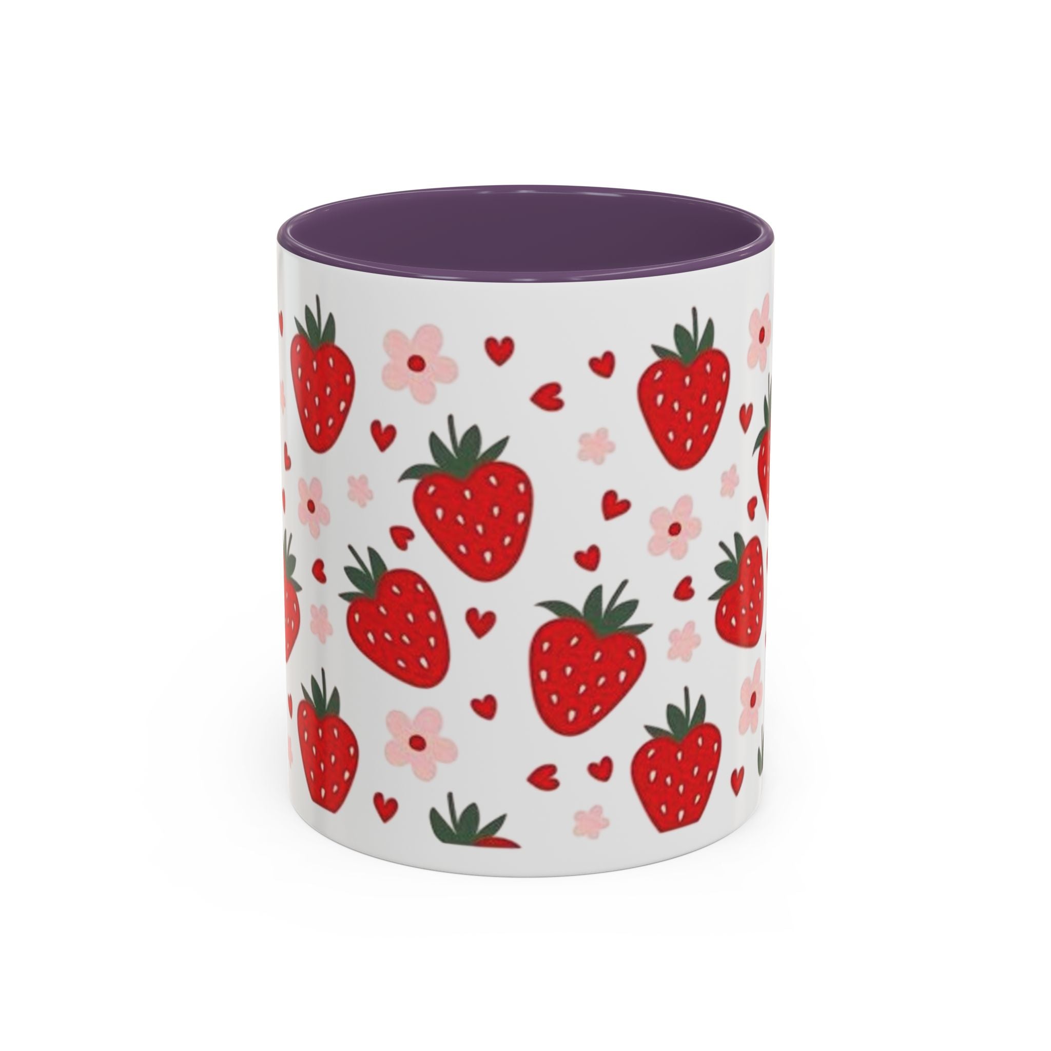 Strawberry Pattern Accent Coffee Mug — Cute Red Berries & Hearts 11/15oz