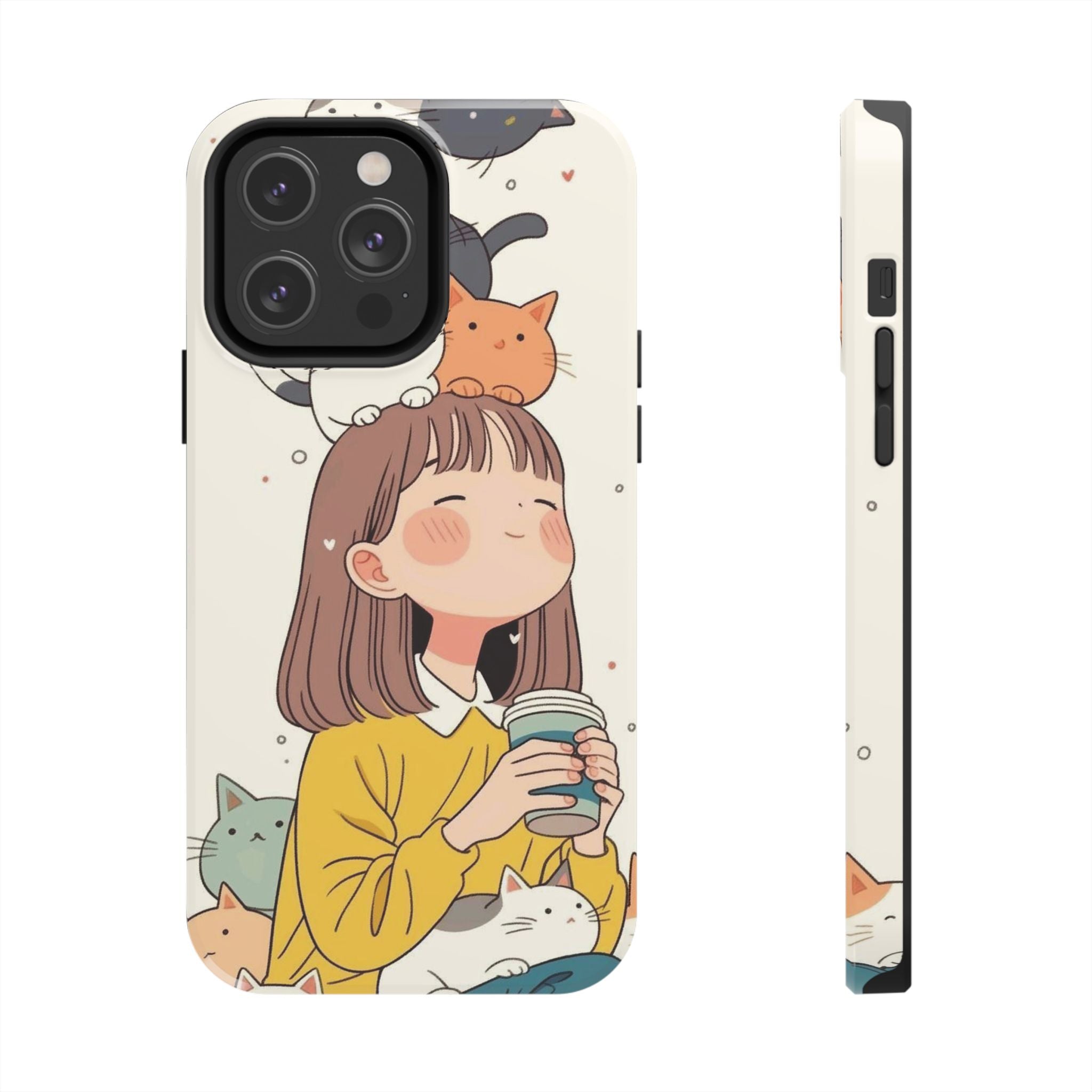 Girl with Cats Phone Case | Cute Cat Stack Illustration