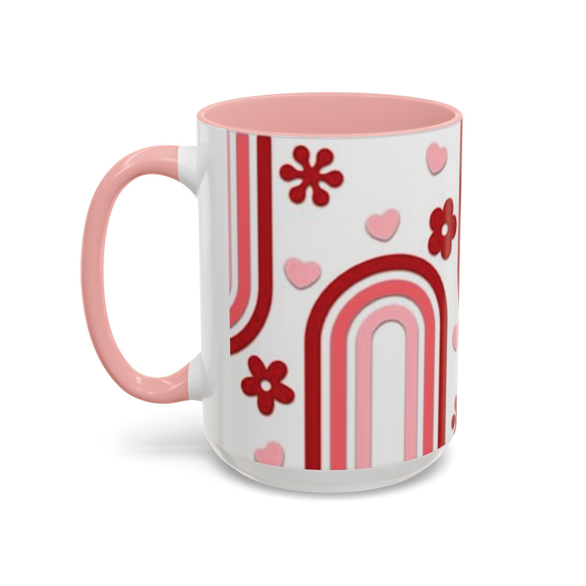 Retro Pink Rainbow Hearts and Flowers Accent Mug | 11oz or 15oz