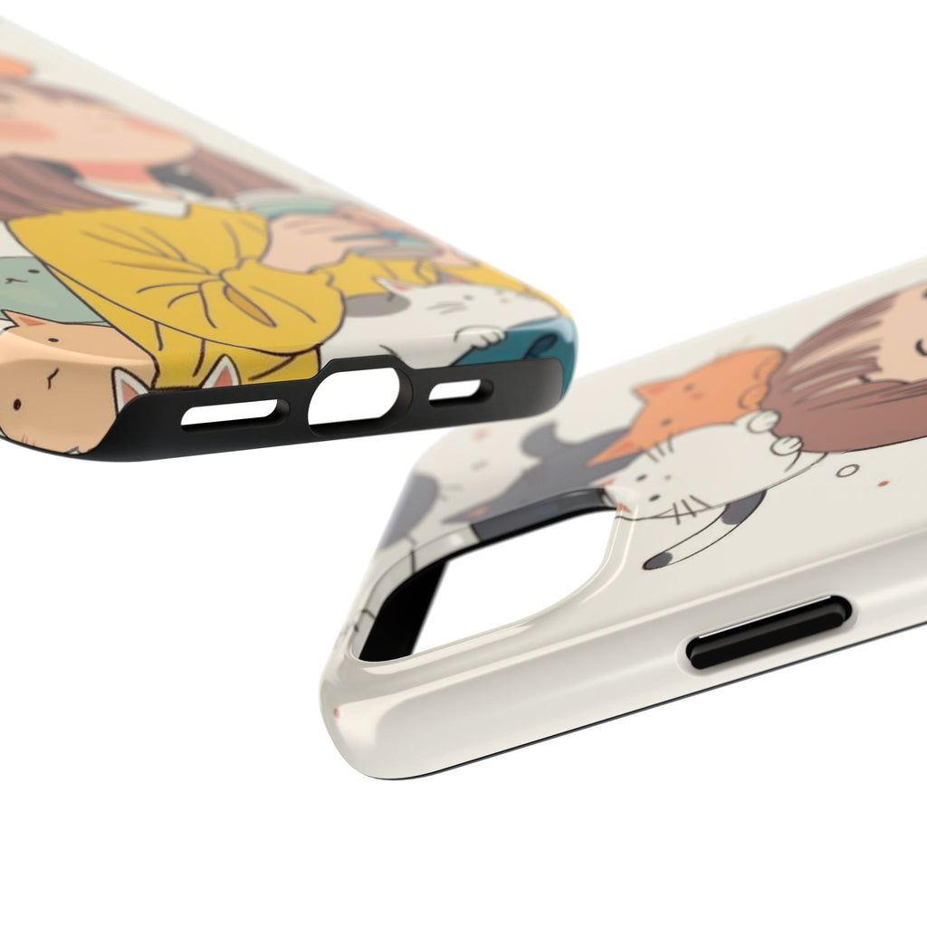 Girl with Cats Phone Case | Cute Cat Stack Illustration