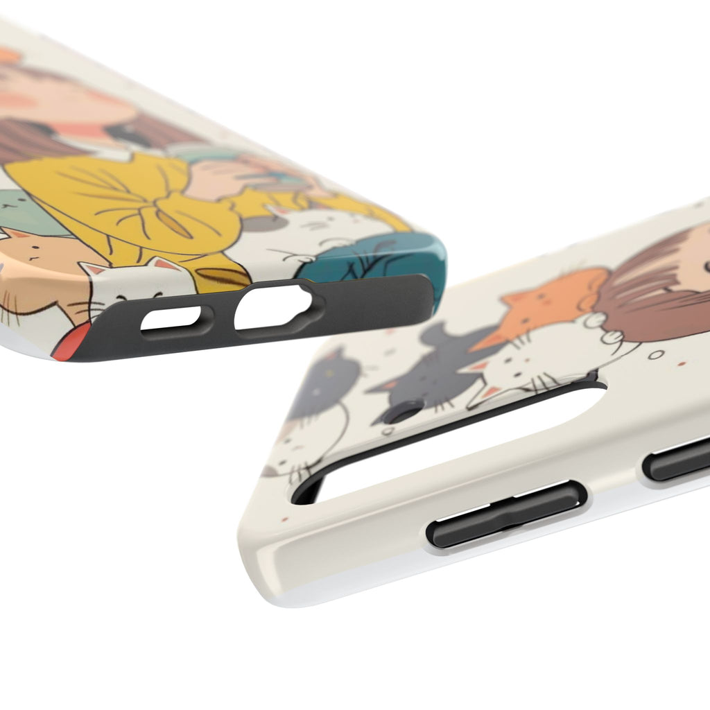 Girl with Cats Phone Case | Cute Cat Stack Illustration