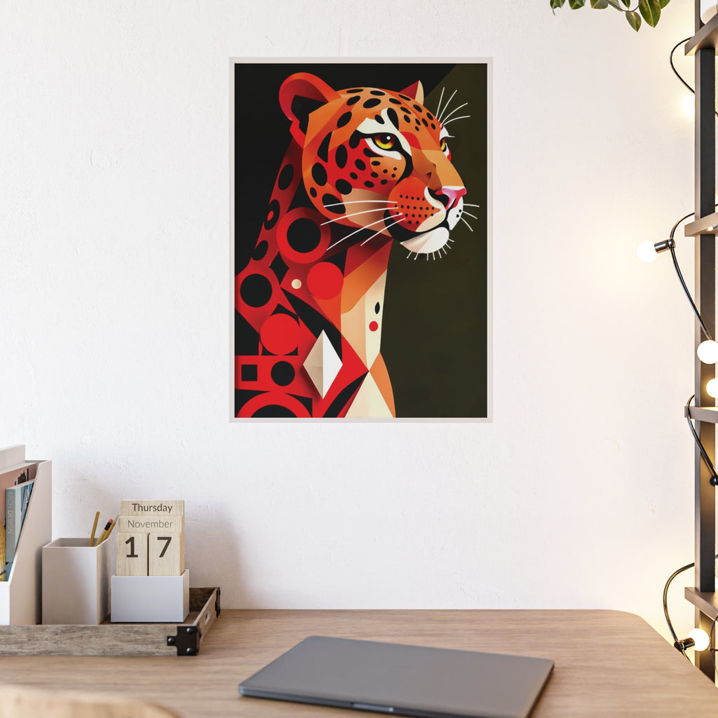 Geometric Leopard Art Poster with Wooden Frame — Bold Wildlife Wall Decor