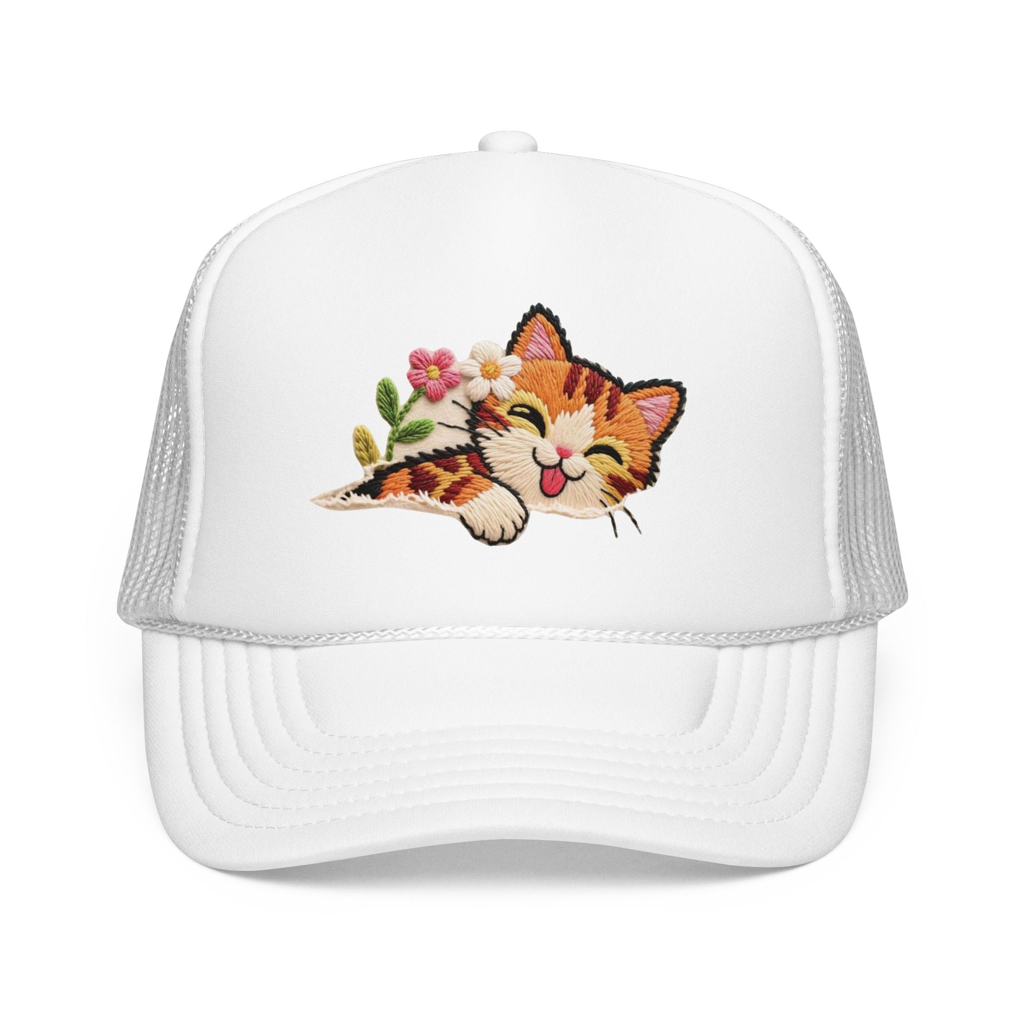 Trucker Hat — Cute Sleeping Calico Cat with Flowers Foam Mesh Cap