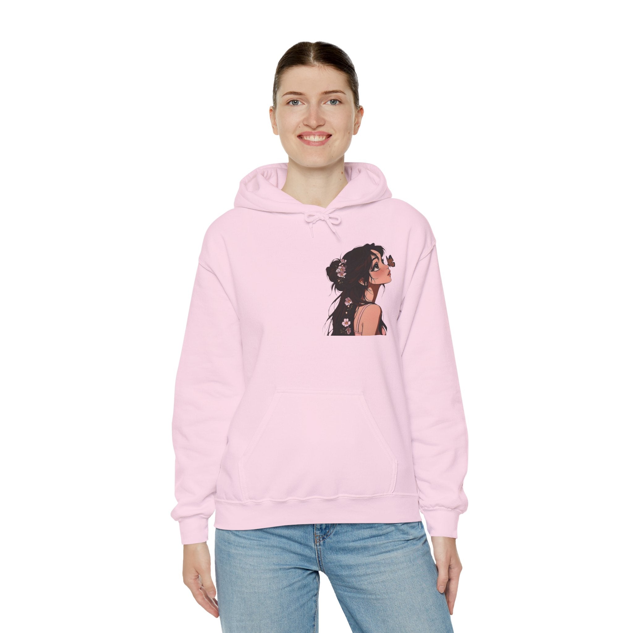 Girl Looking Up with Butterfly Hoodie | Anime Portrait Sweatshirt