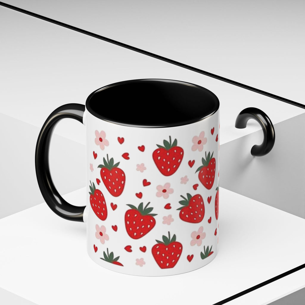 Strawberry Pattern Accent Coffee Mug — Cute Red Berries & Hearts 11/15oz
