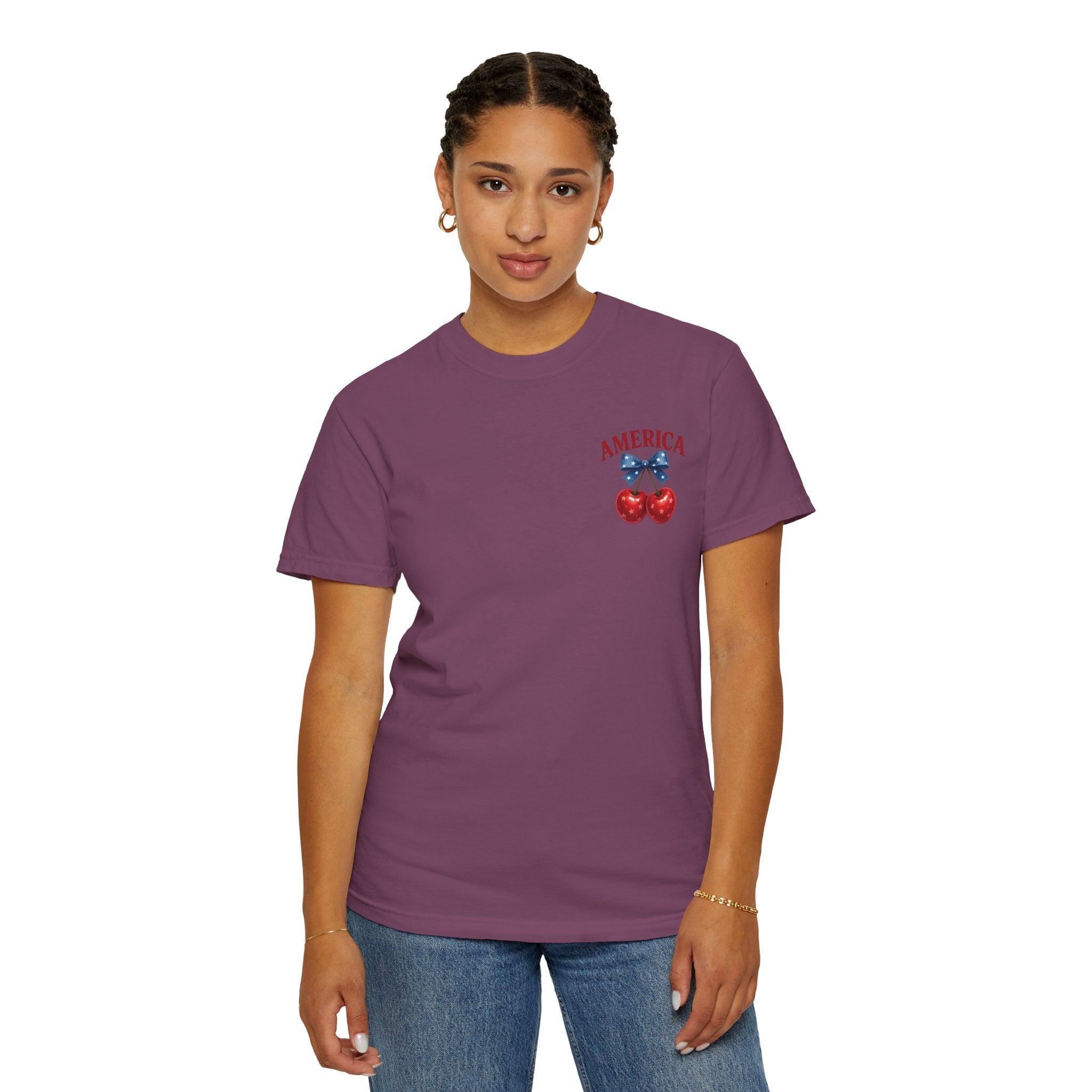 America Cherry Bow T-shirt | Patriotic Stars & Stripes Cherry Design