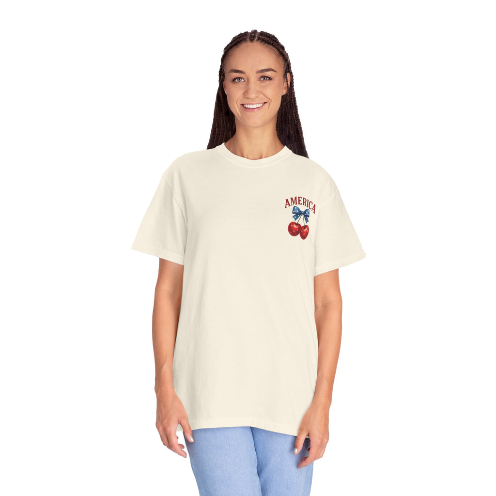 America Cherry Bow T-shirt | Patriotic Stars & Stripes Cherry Design