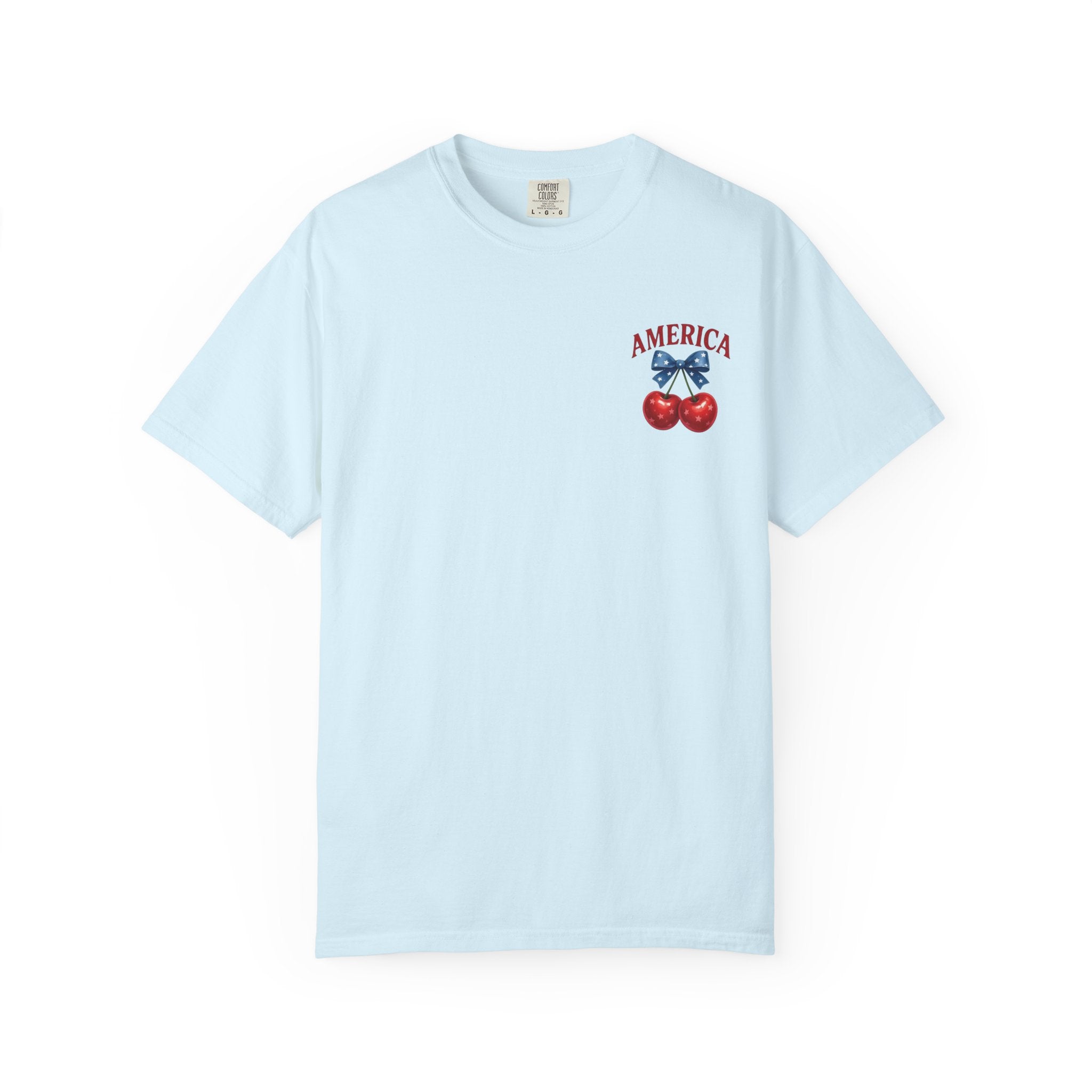 America Cherry Bow T-shirt | Patriotic Stars & Stripes Cherry Design