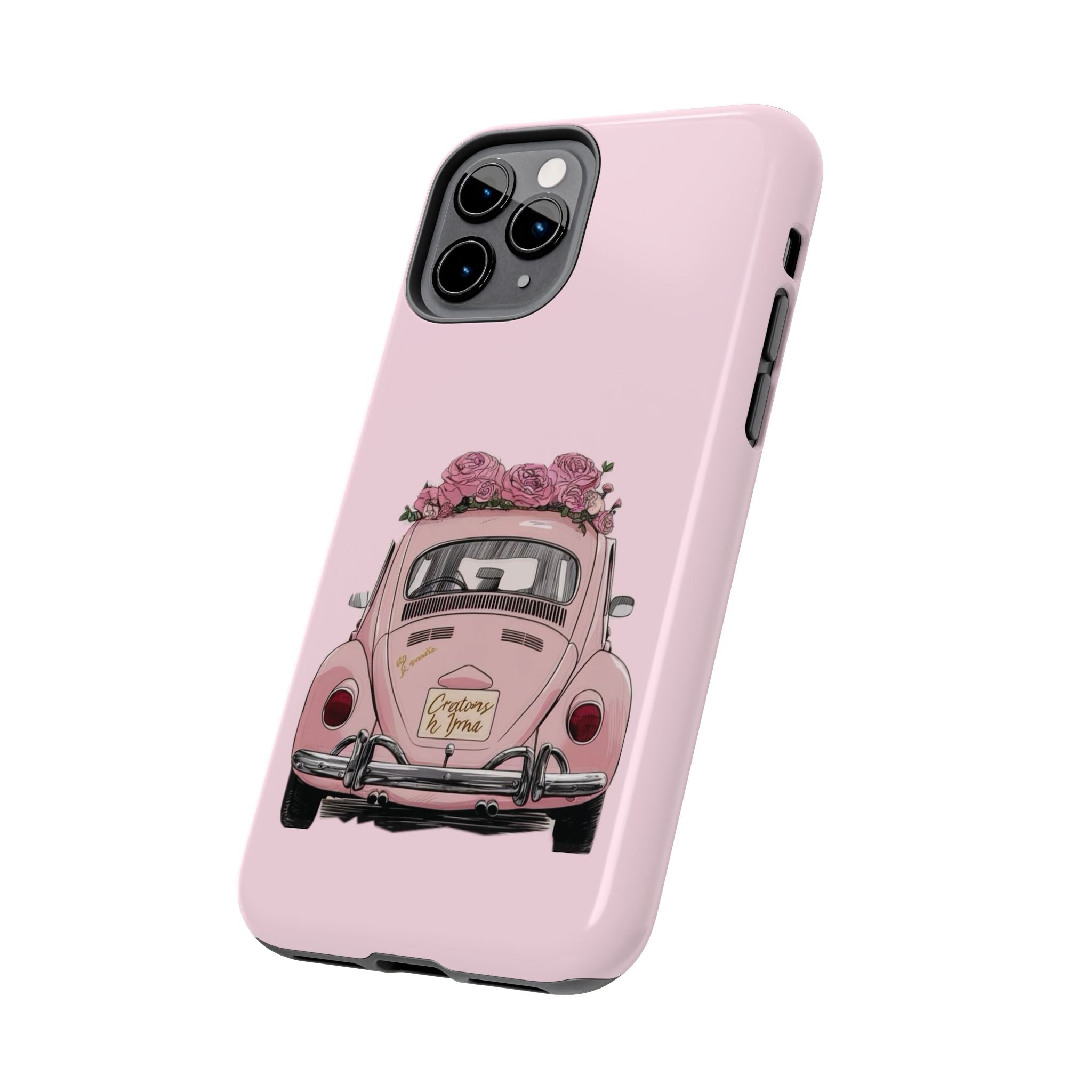 Vintage Pink Beetle with Roses Phone Case | Floral Car Tough Phone Case