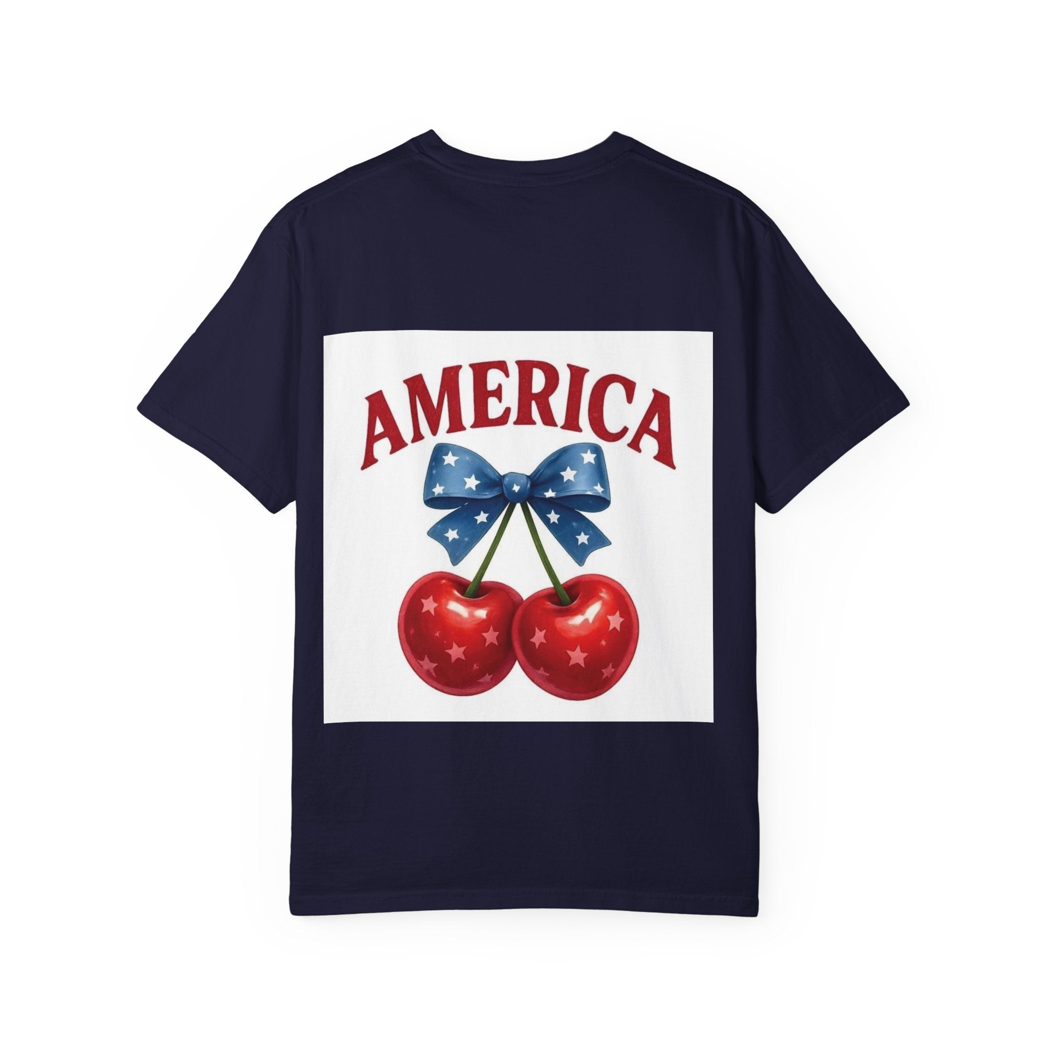 America Cherry Bow T-shirt | Patriotic Stars & Stripes Cherry Design