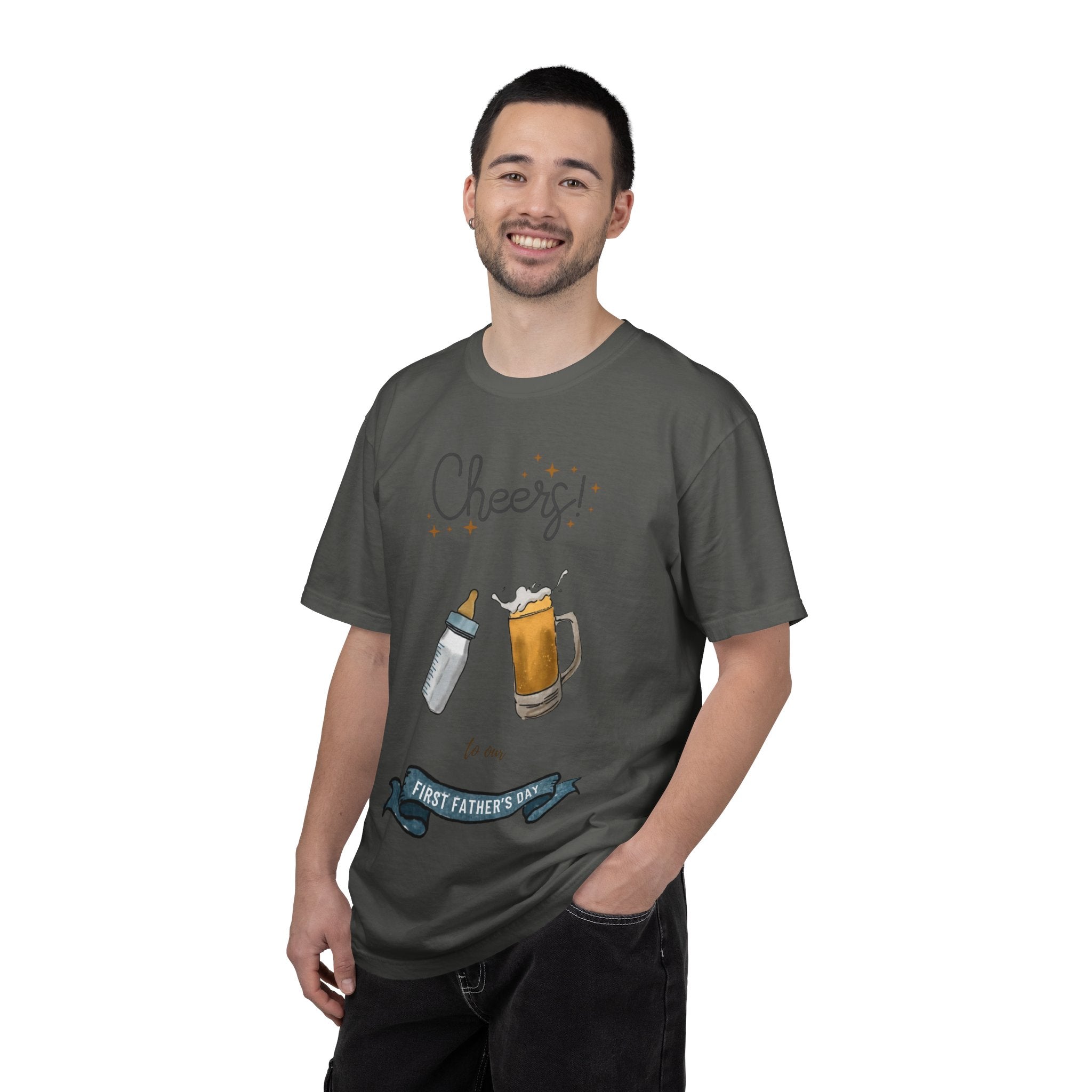 Cheers! Baby Bottle and Beer Mug First Father's Day T-Shirt | New Dad Tee