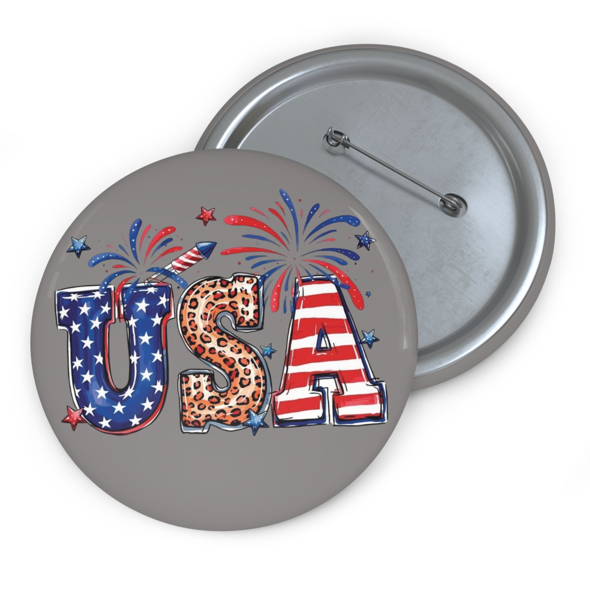 USA Leopard Stars Stripes Pin Button | Patriotic Flag Fireworks