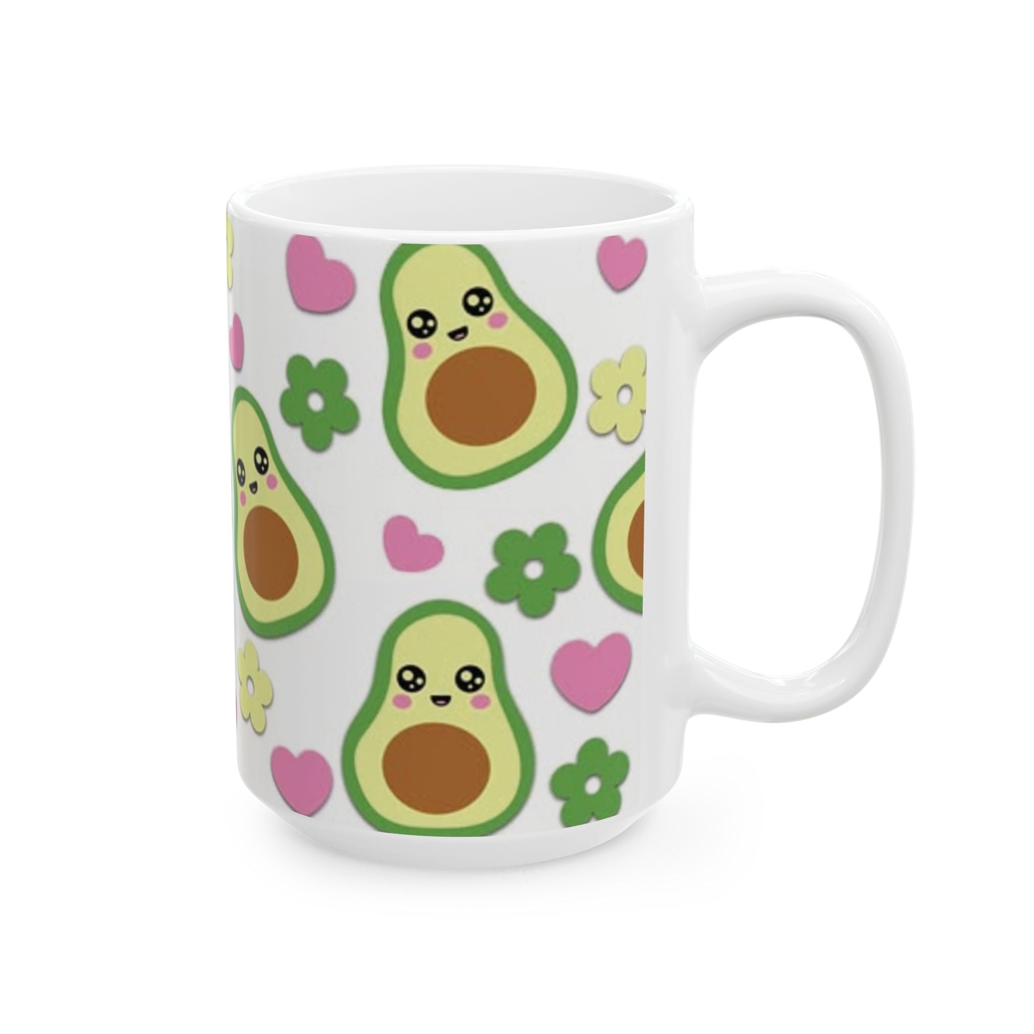 Avocado Pattern Ceramic Mug — Cute Kawaii Avocado Hearts & Flowers Coffee Cup (11oz/15oz)