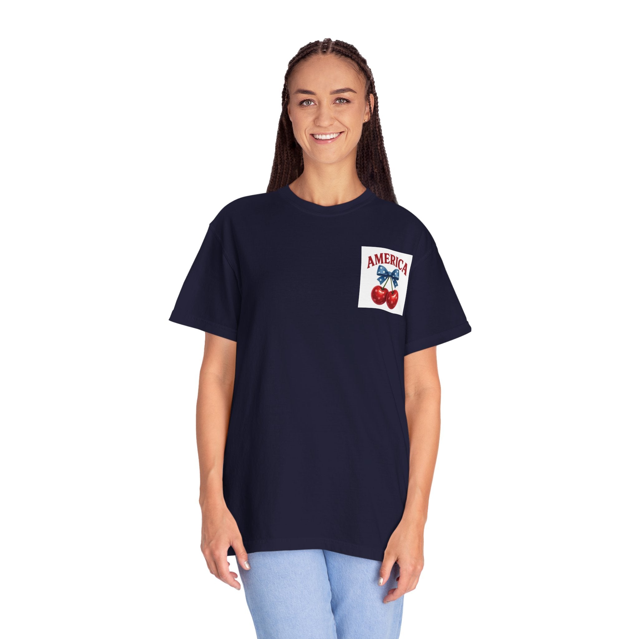 America Cherry Bow T-shirt | Patriotic Stars & Stripes Cherry Design