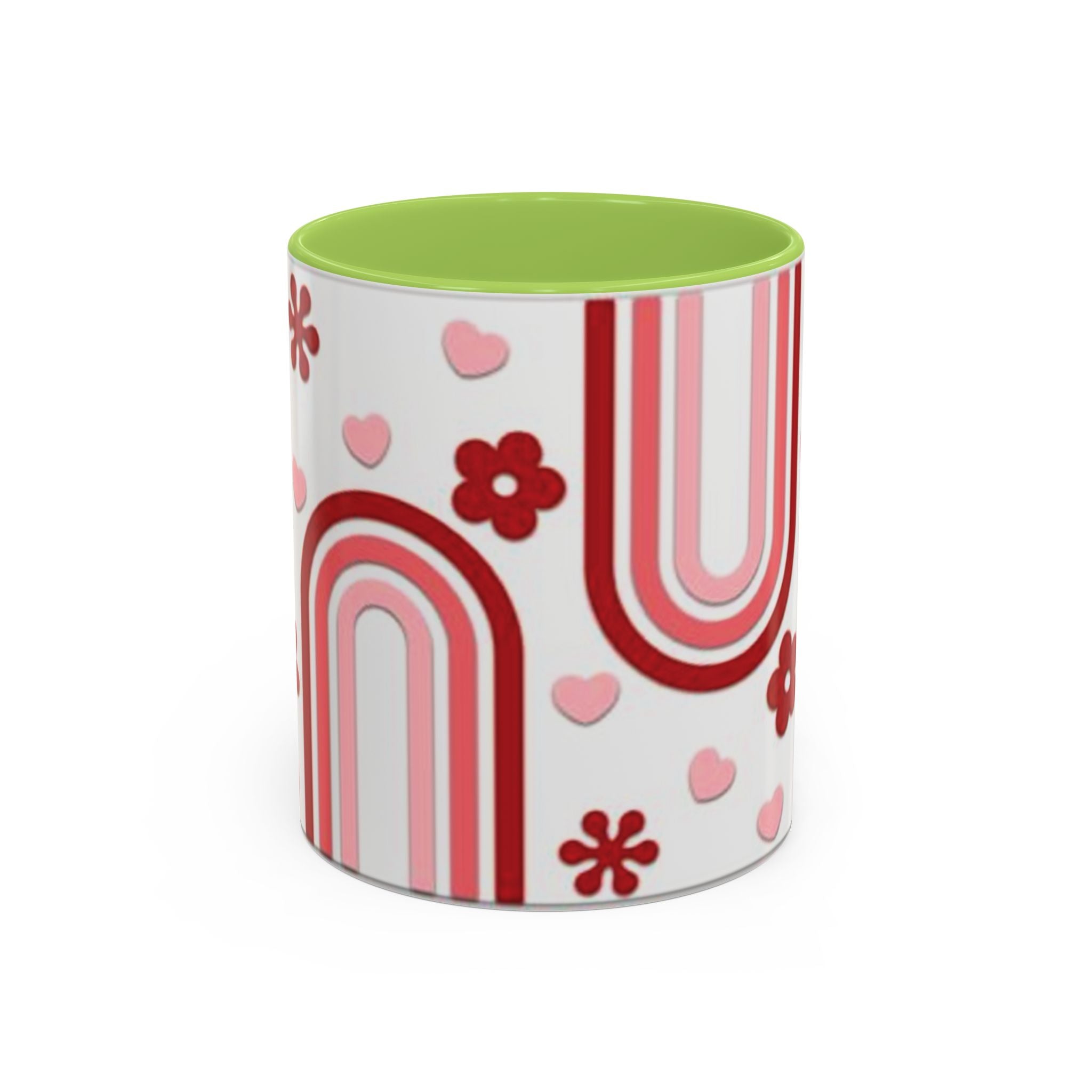 Retro Pink Rainbow Hearts and Flowers Accent Mug | 11oz or 15oz