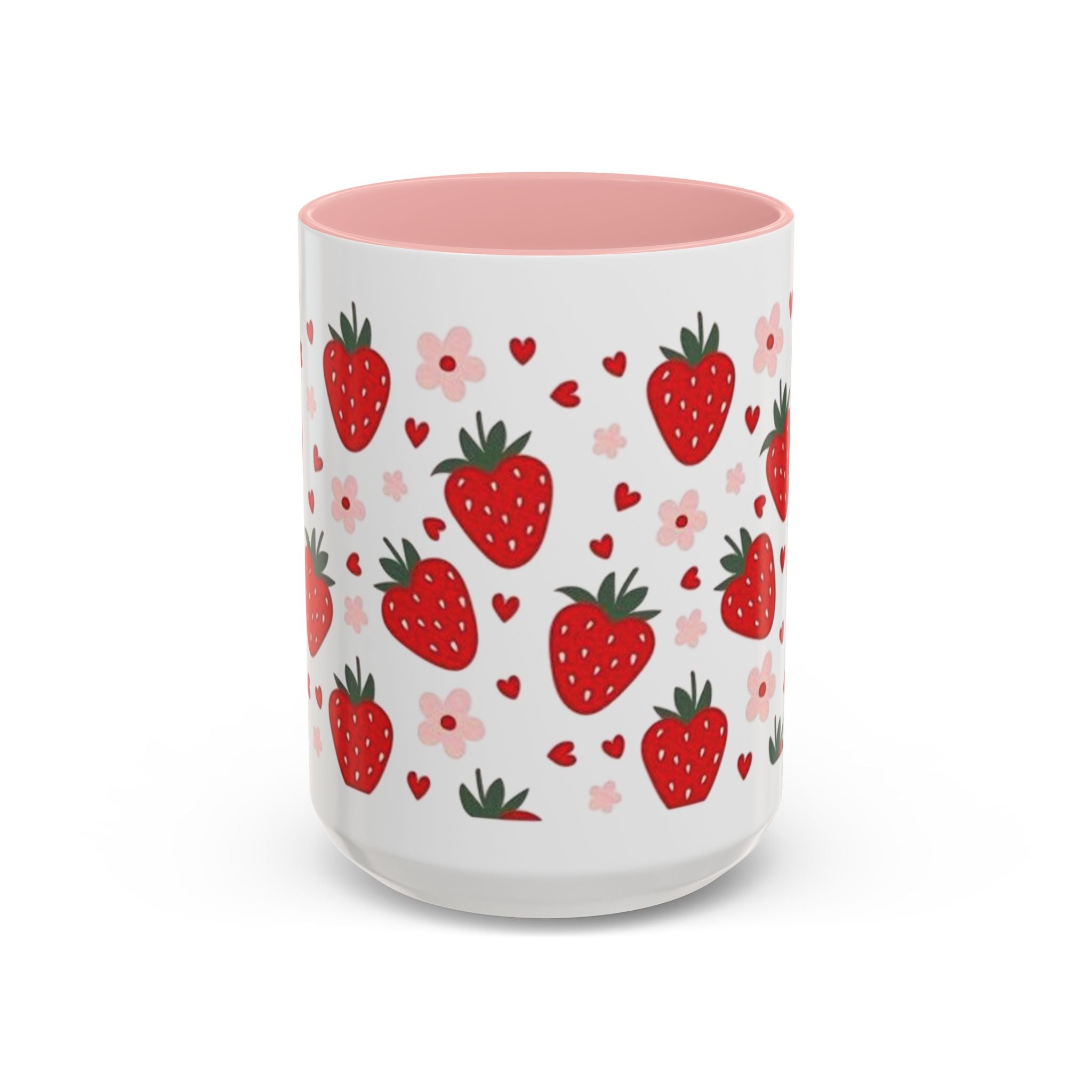 Strawberry Pattern Accent Coffee Mug — Cute Red Berries & Hearts 11/15oz