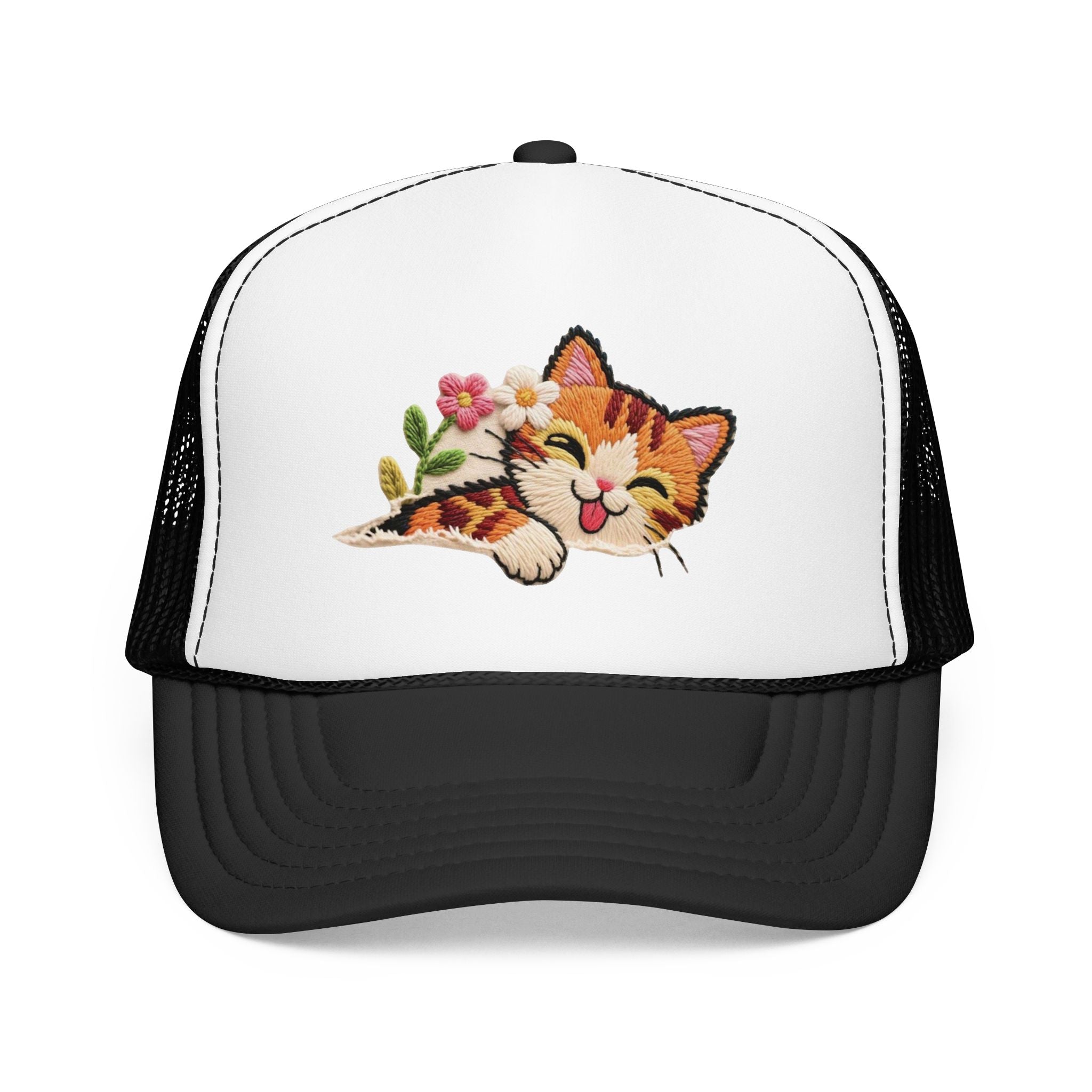 Trucker Hat — Cute Sleeping Calico Cat with Flowers Foam Mesh Cap