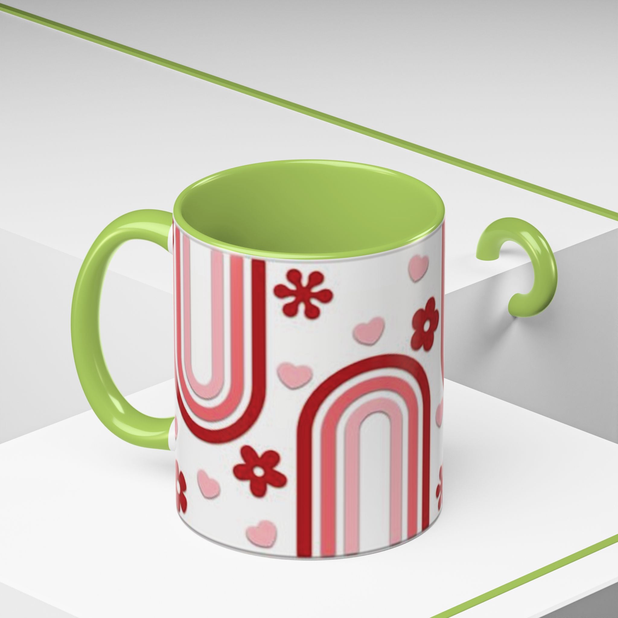 Retro Pink Rainbow Hearts and Flowers Accent Mug | 11oz or 15oz