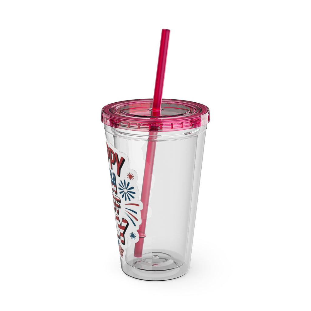 Happy 4th of July Tumbler | 16oz Straw Cup, Patriotic Fireworks Flag Design
