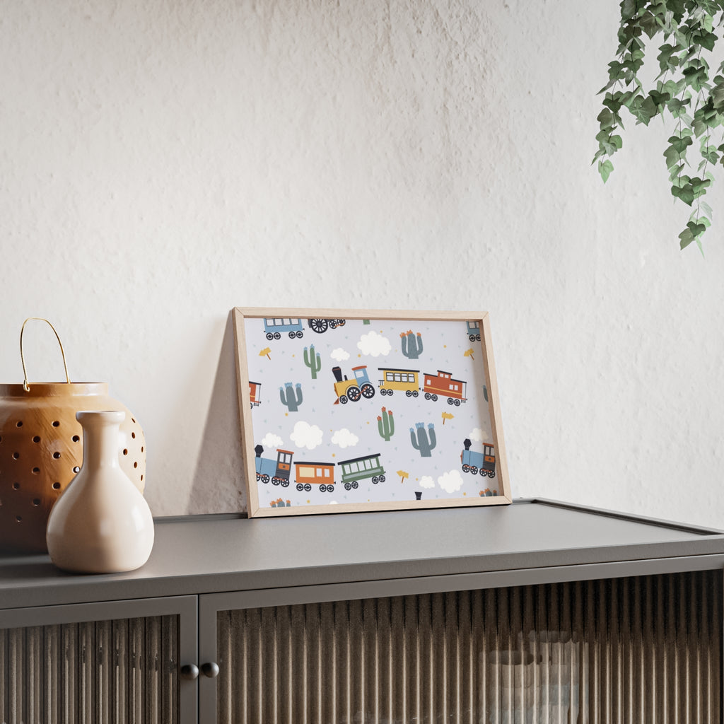Kids' Train Poster with Wooden Frame — Nursery Wall Art, Playroom Decor