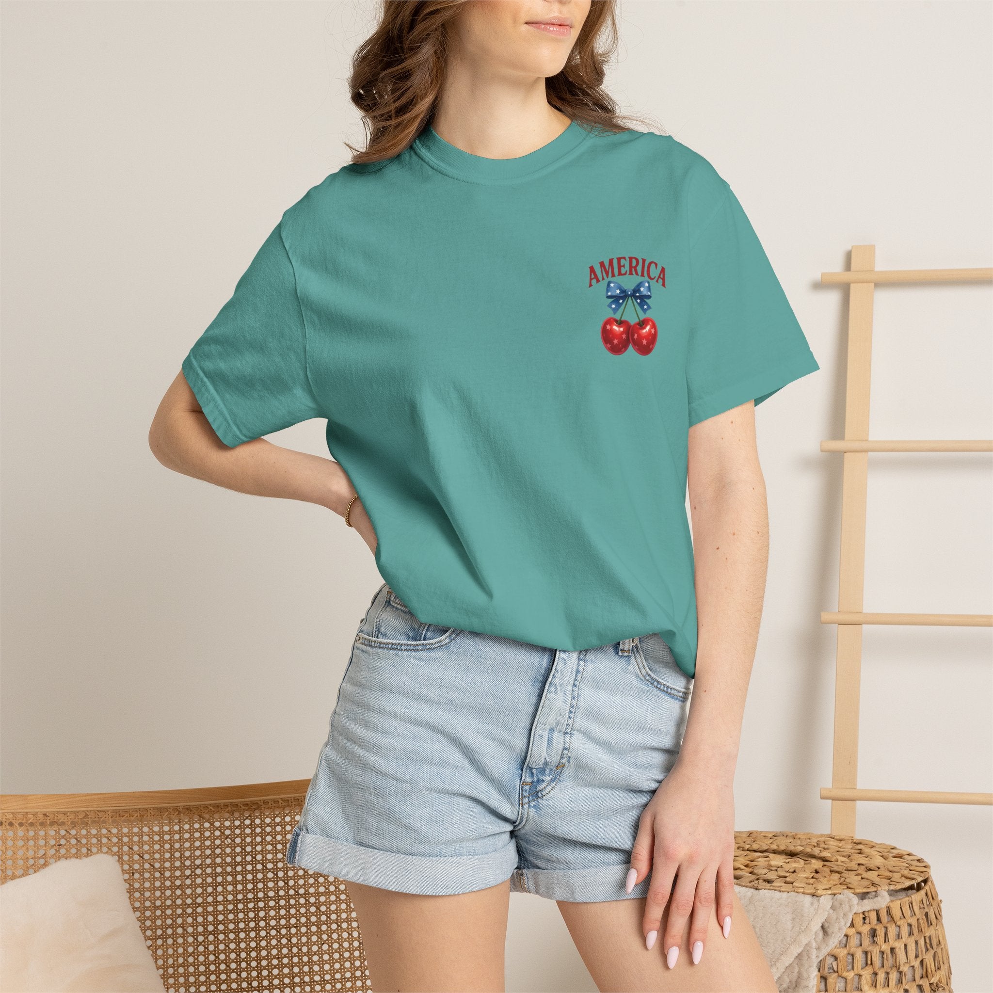America Cherry Bow T-shirt | Patriotic Stars & Stripes Cherry Design