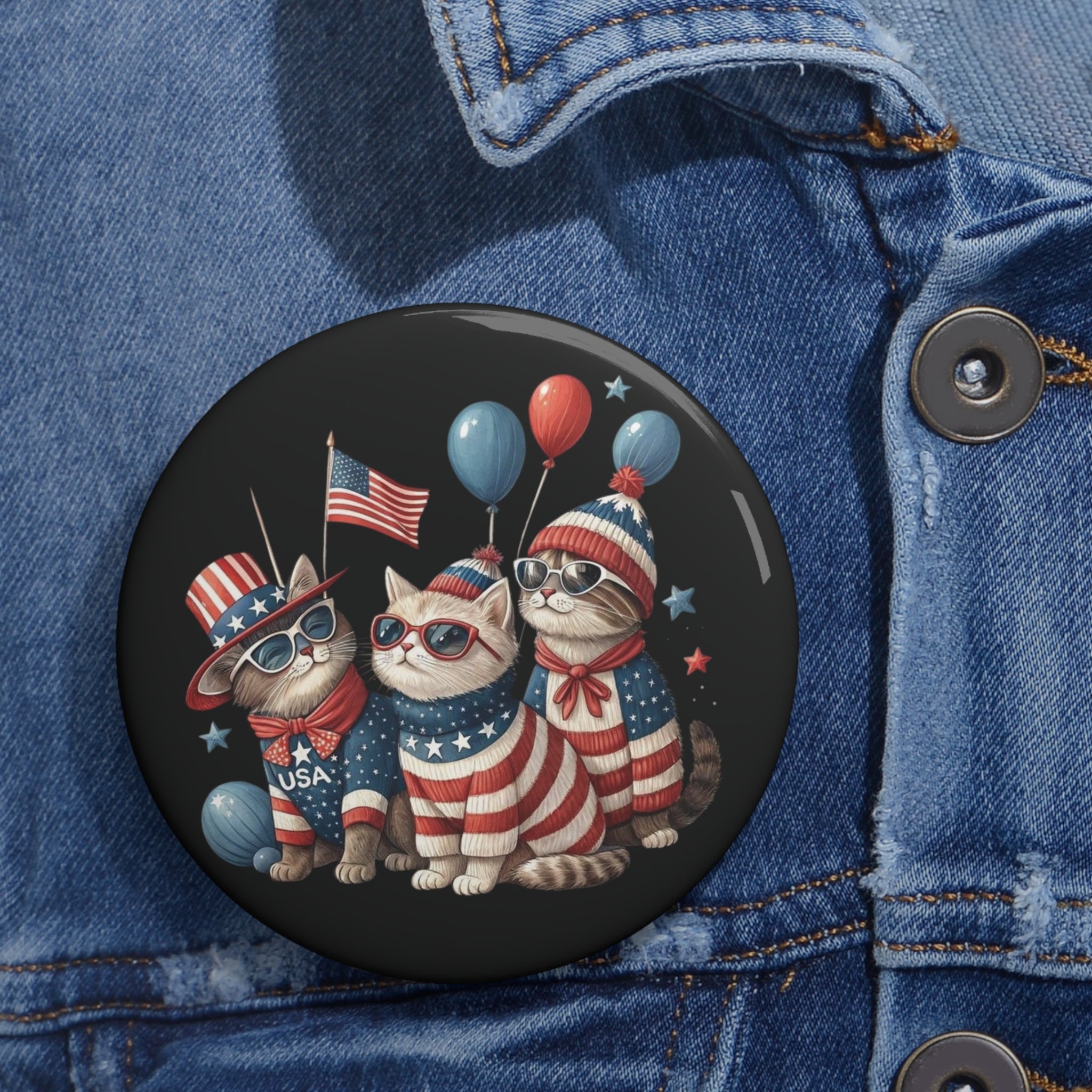Patriotic Cats Pin Button | 4th of July USA Flag Badge