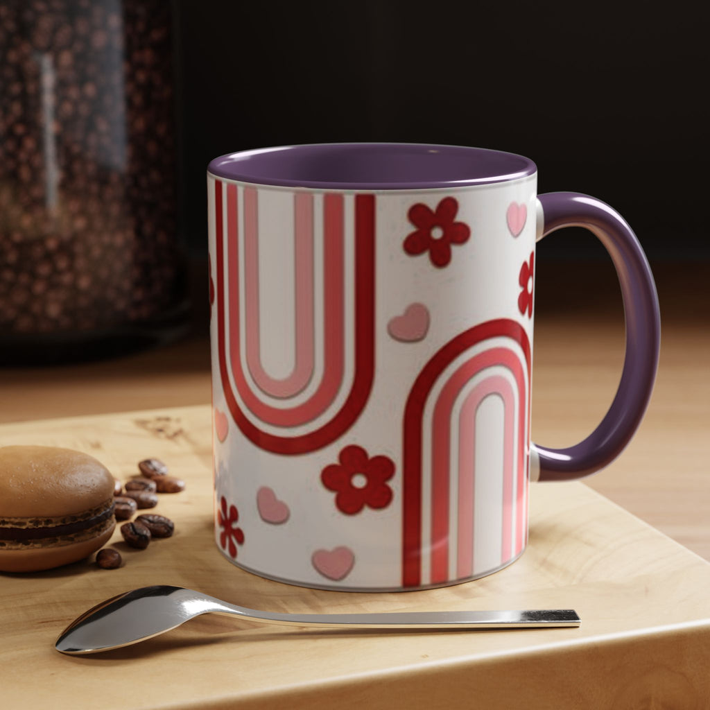 Retro Pink Rainbow Hearts and Flowers Accent Mug | 11oz or 15oz